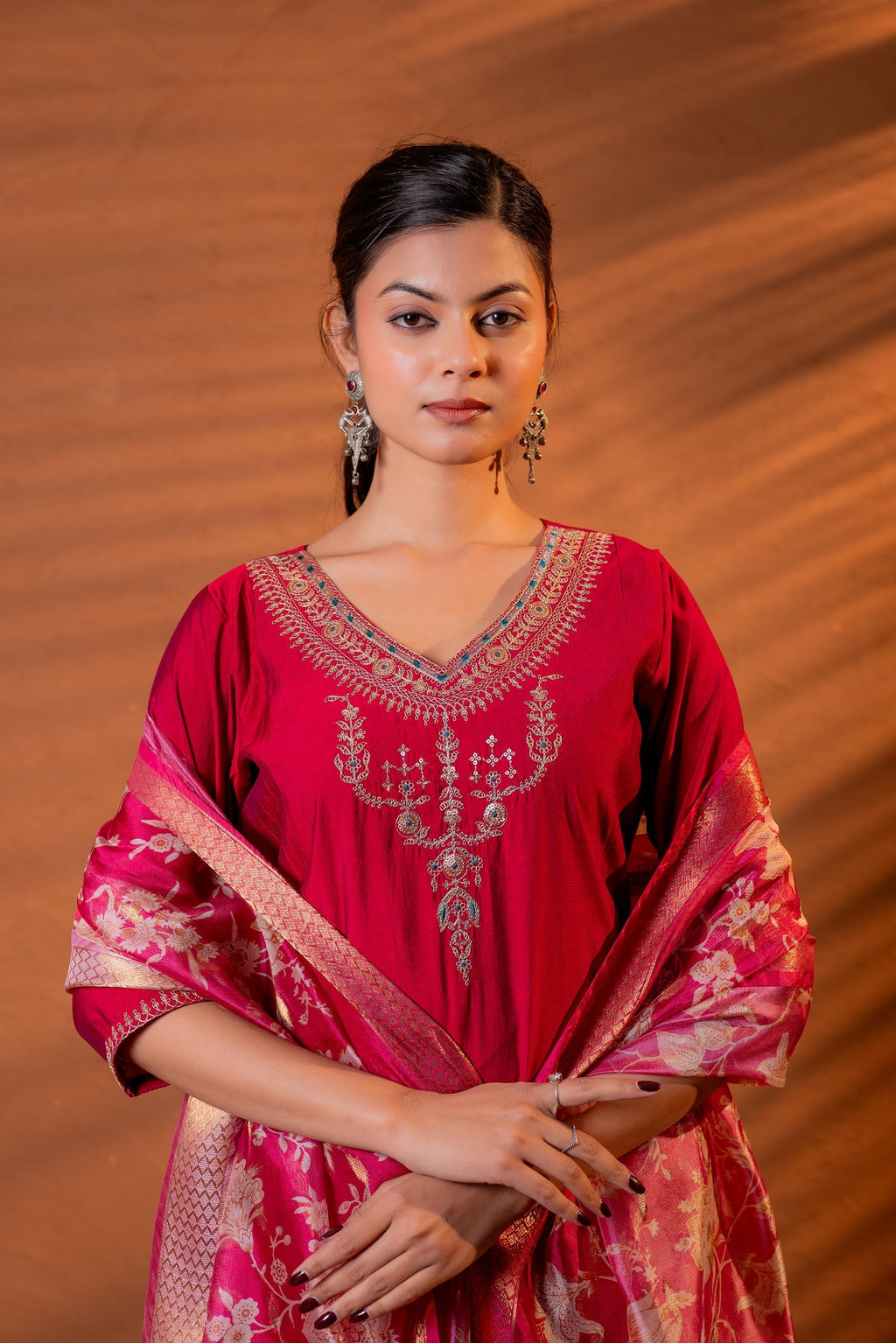 Juniper Fuchsia Zari Embroidered Straight Kurta Set With Floral Printed Dupatta