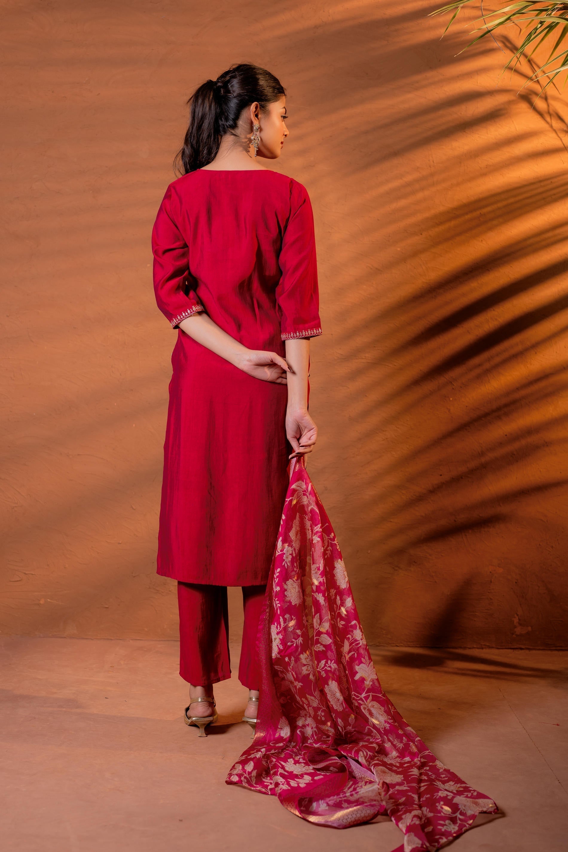 Juniper Fuchsia Zari Embroidered Straight Kurta Set With Floral Printed Dupatta