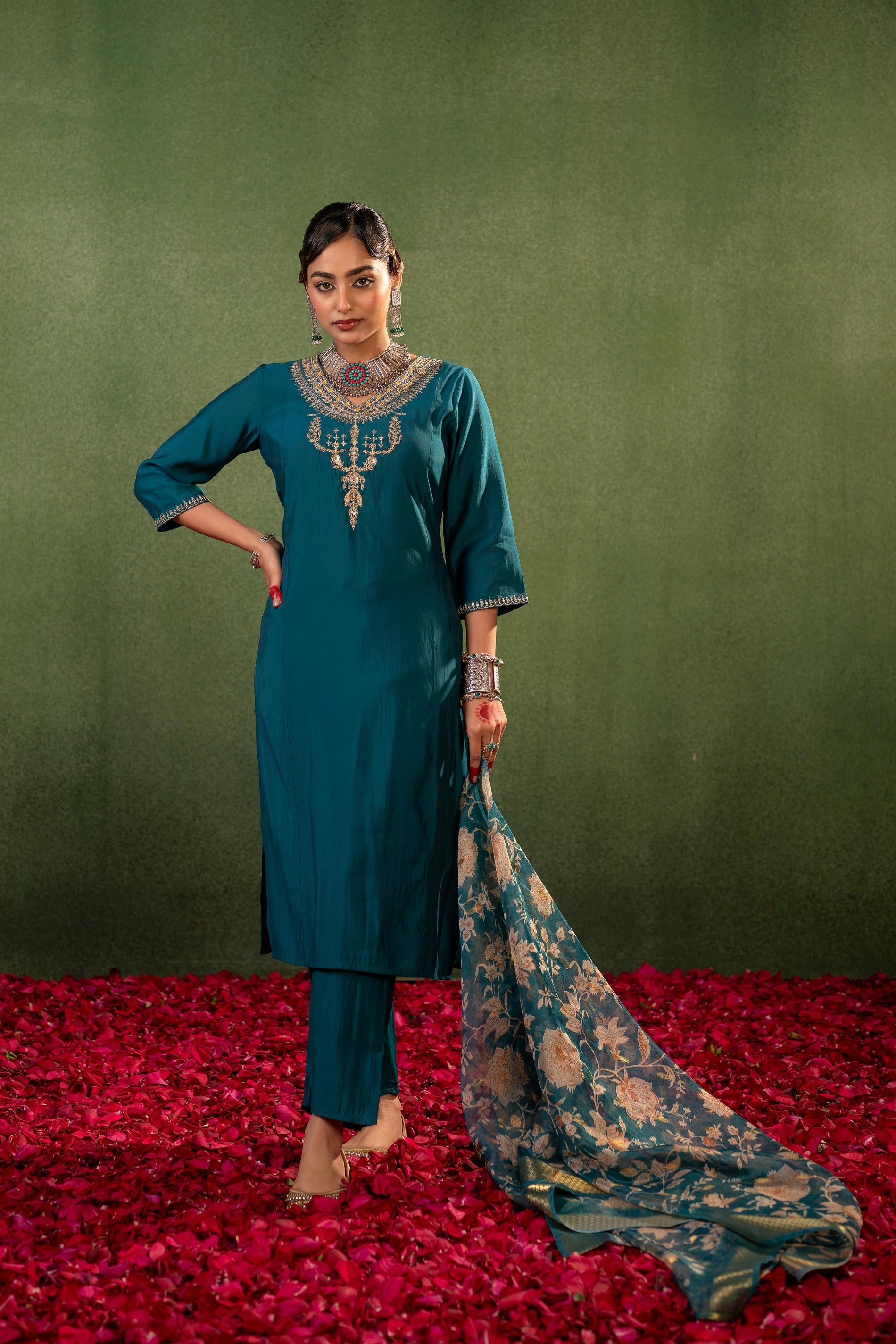 Juniper Green Floral Embroidered Kurta Set With Jacquard Dupatta