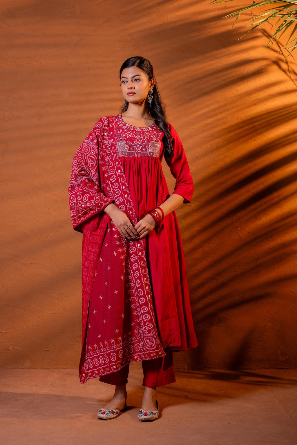 Juniper Maroon Ajrakh-Inspired Printed Kurta Set With Embroidered Yoke & Matching Dupatta