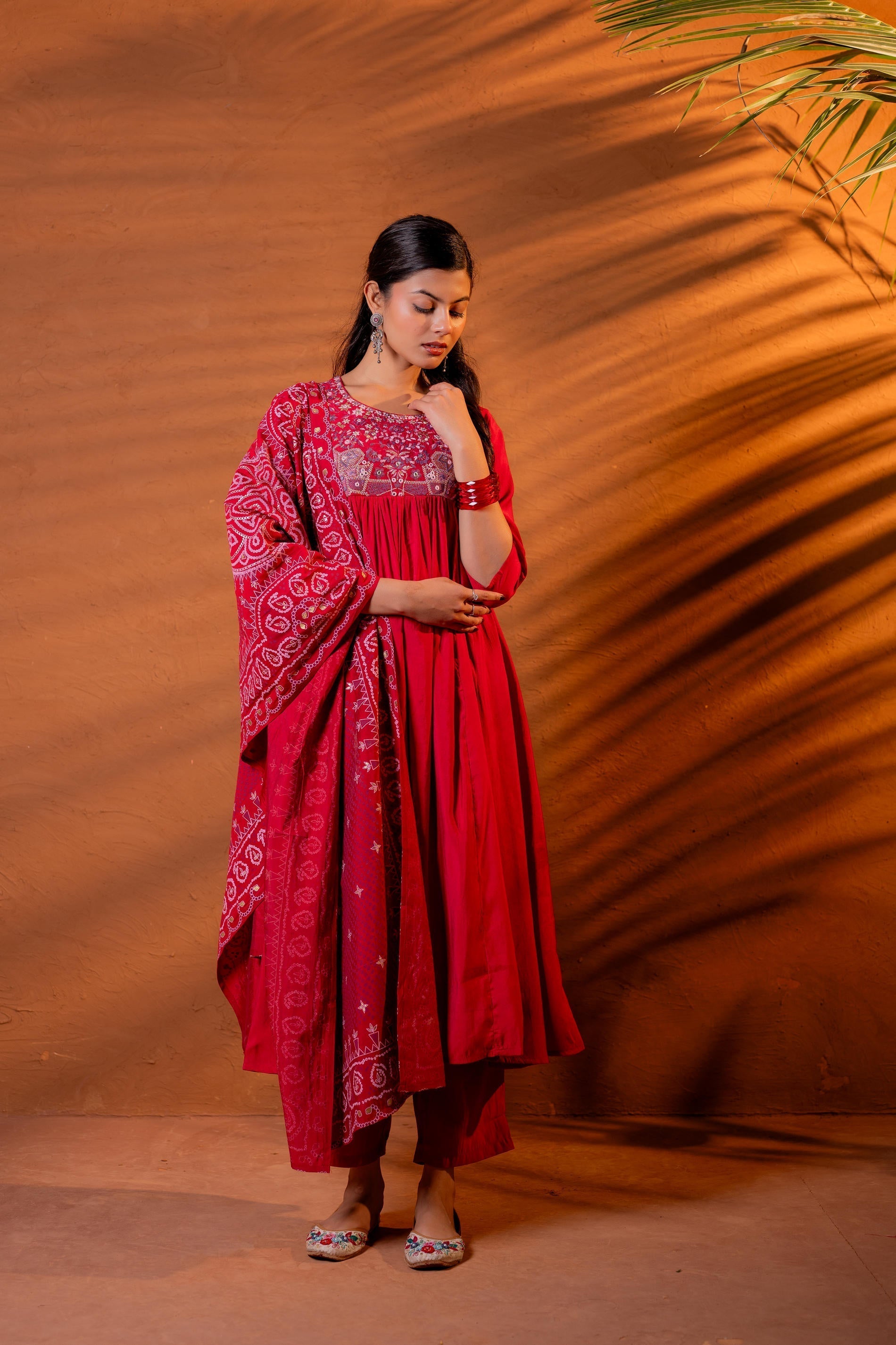 Juniper Maroon Ajrakh-Inspired Printed Kurta Set With Embroidered Yoke & Matching Dupatta