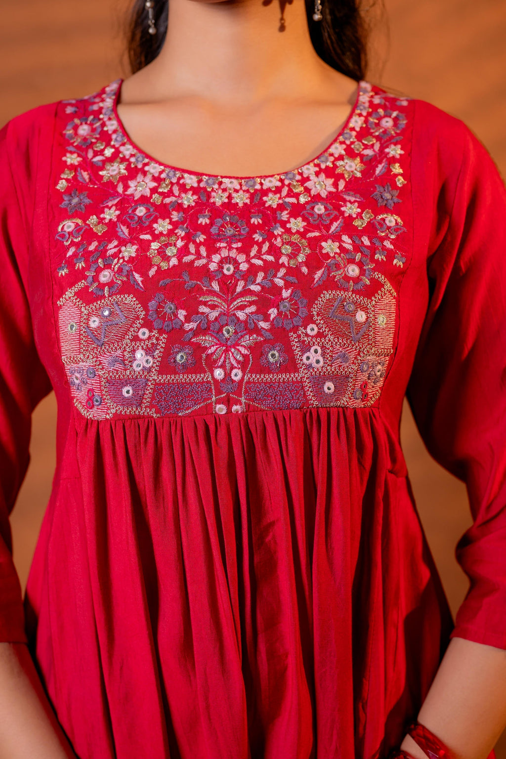Juniper Maroon Ajrakh-Inspired Printed Kurta Set With Embroidered Yoke & Matching Dupatta