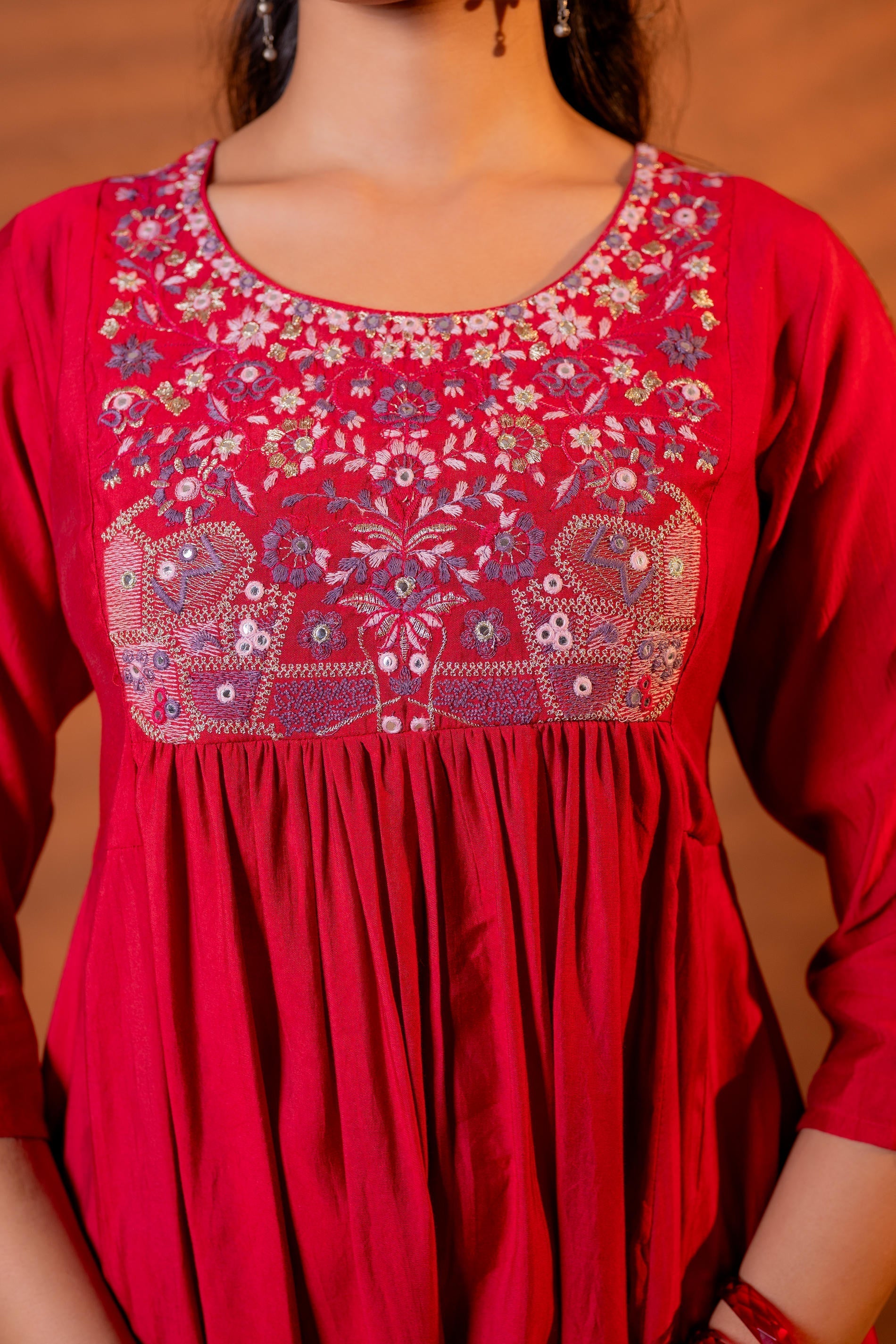 Juniper Maroon Ajrakh-Inspired Printed Kurta Set With Embroidered Yoke & Matching Dupatta