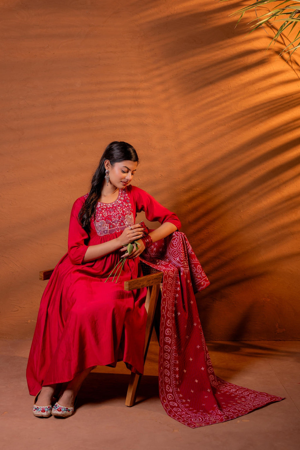 Juniper Maroon Ajrakh-Inspired Printed Kurta Set With Embroidered Yoke & Matching Dupatta