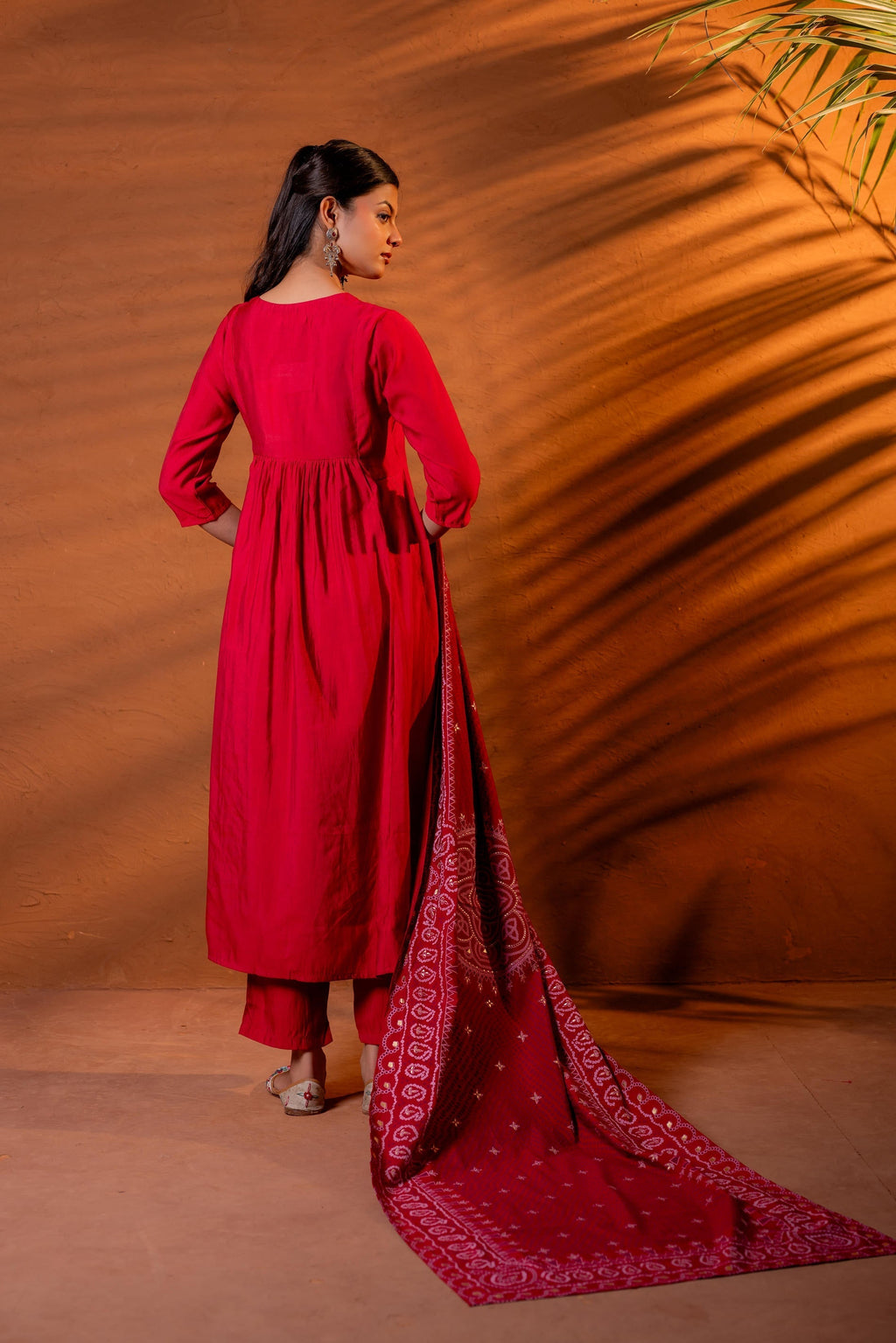 Juniper Maroon Ajrakh-Inspired Printed Kurta Set With Embroidered Yoke & Matching Dupatta