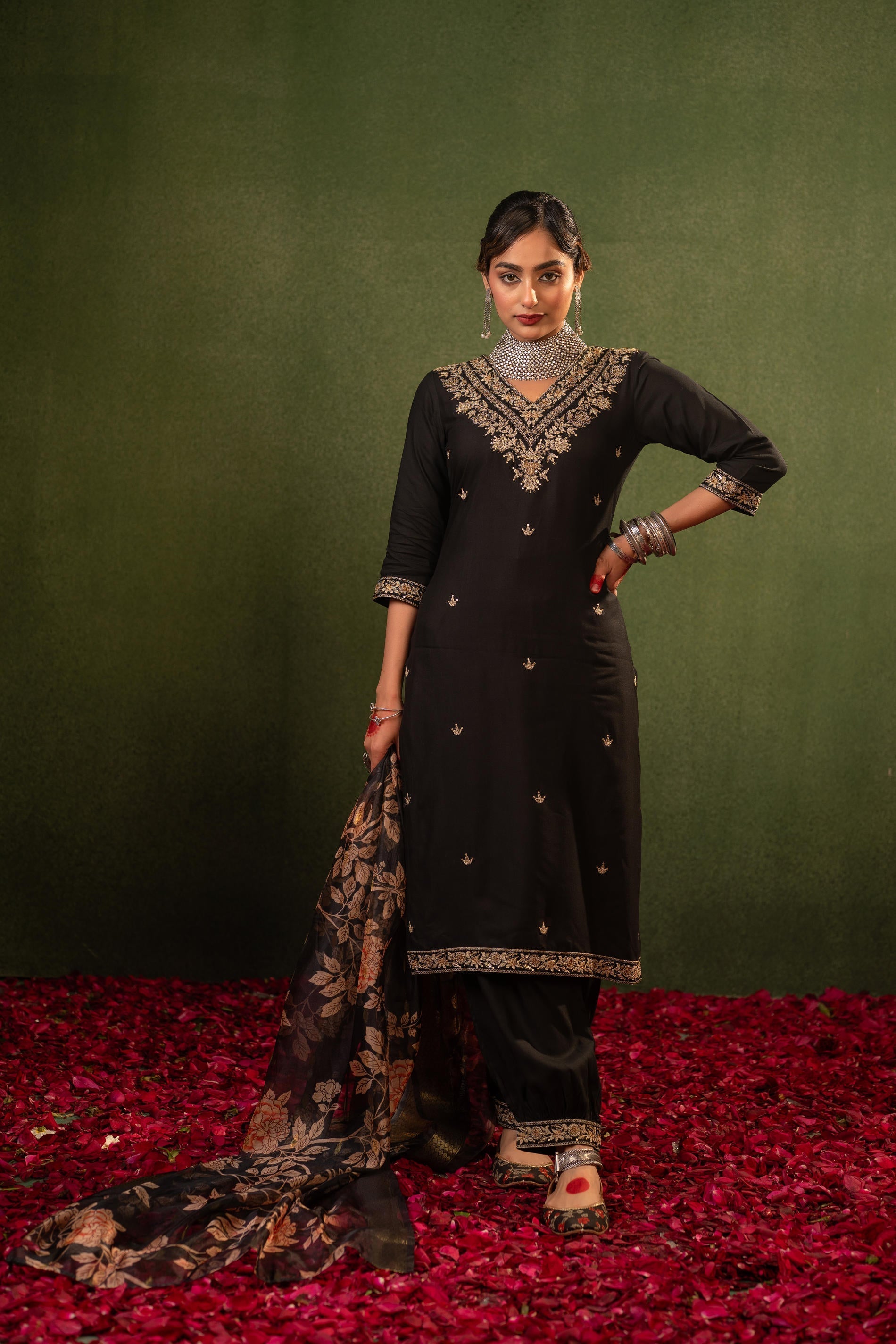 Juniper Black Heritage Embroidered Kurta Set