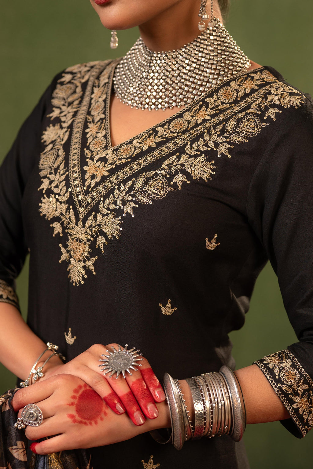 Juniper Black Heritage Embroidered Kurta Set