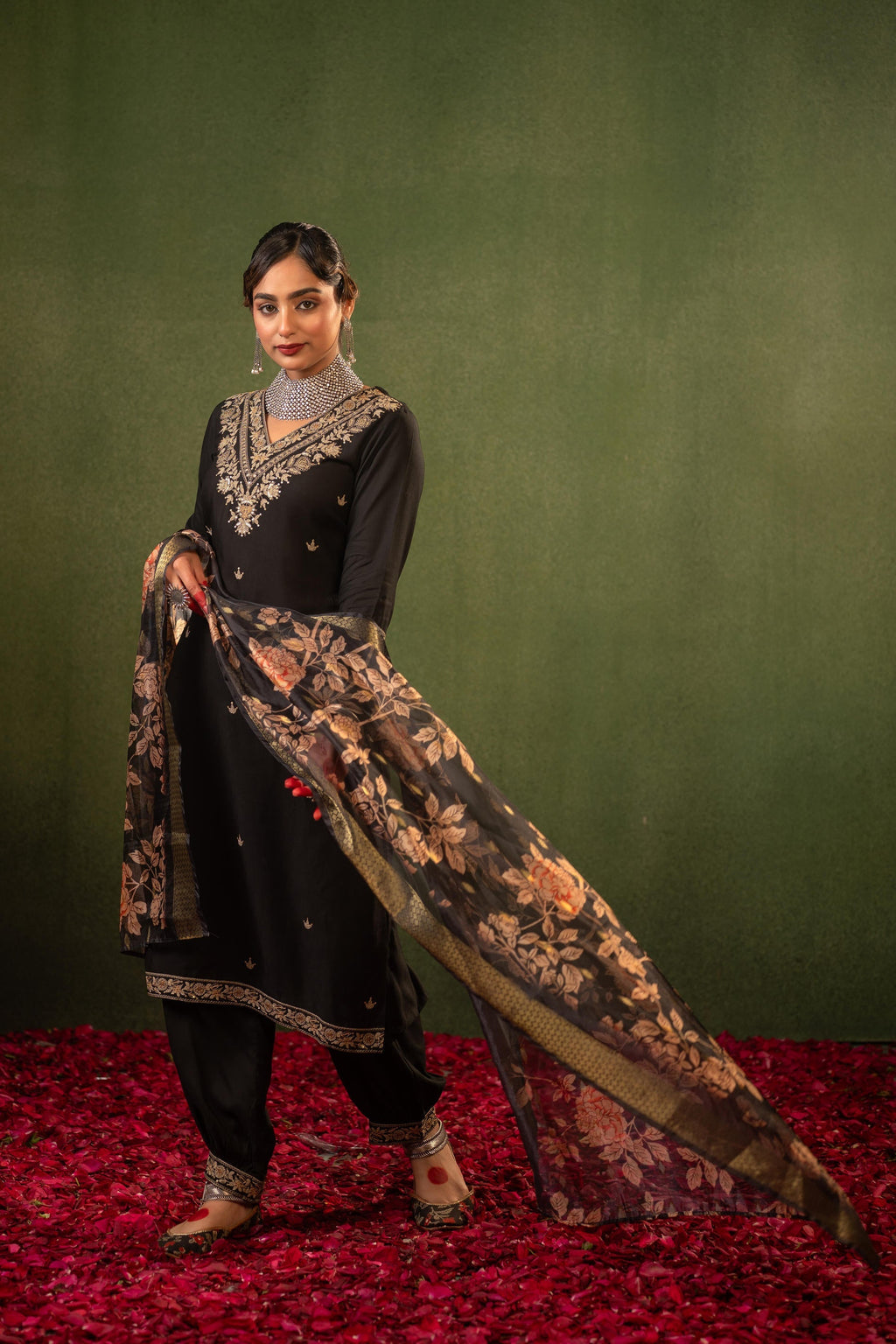 Juniper Black Heritage Embroidered Kurta Set