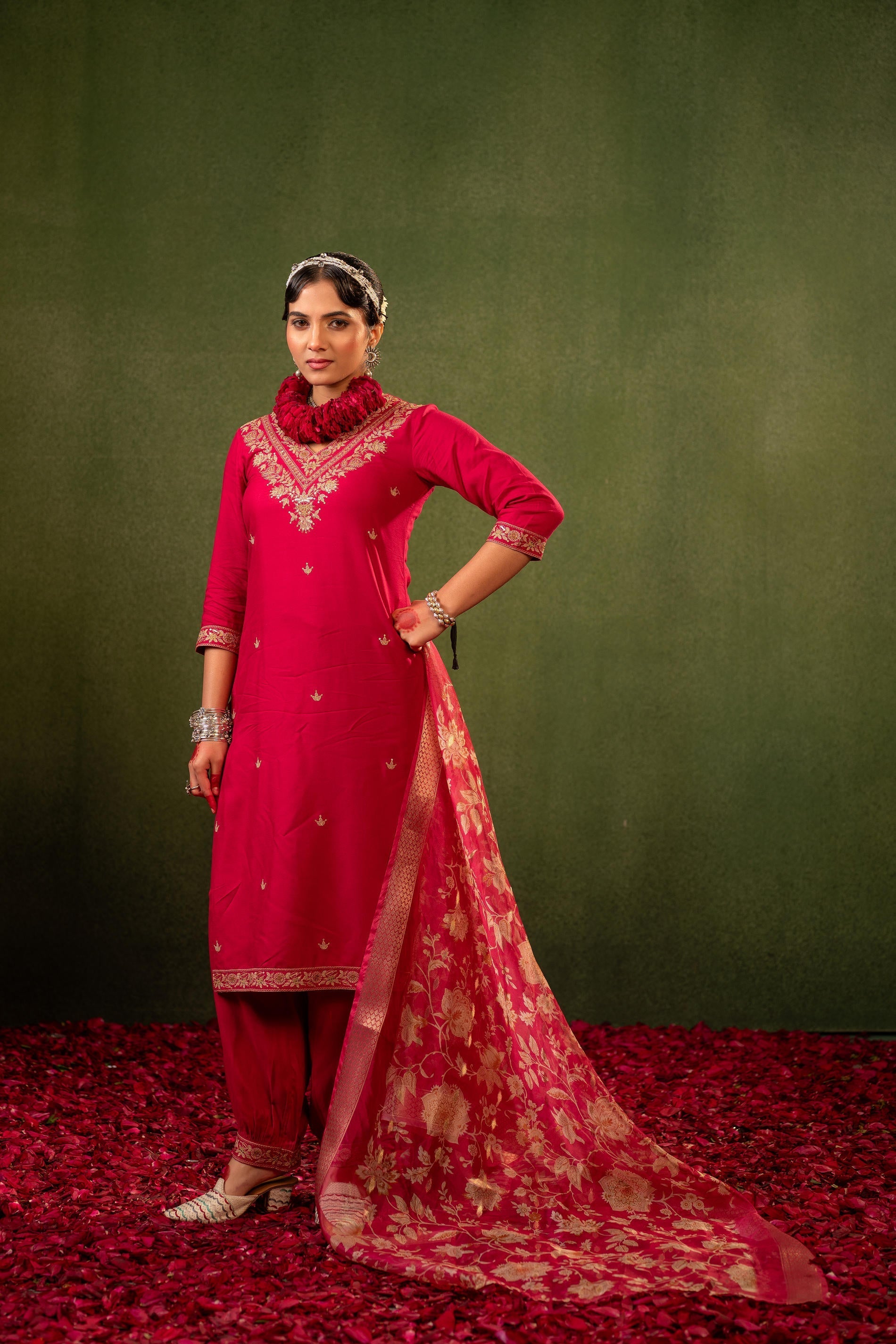 Juniper Laal Gulnaar Heritage Embroidered Kurta Set