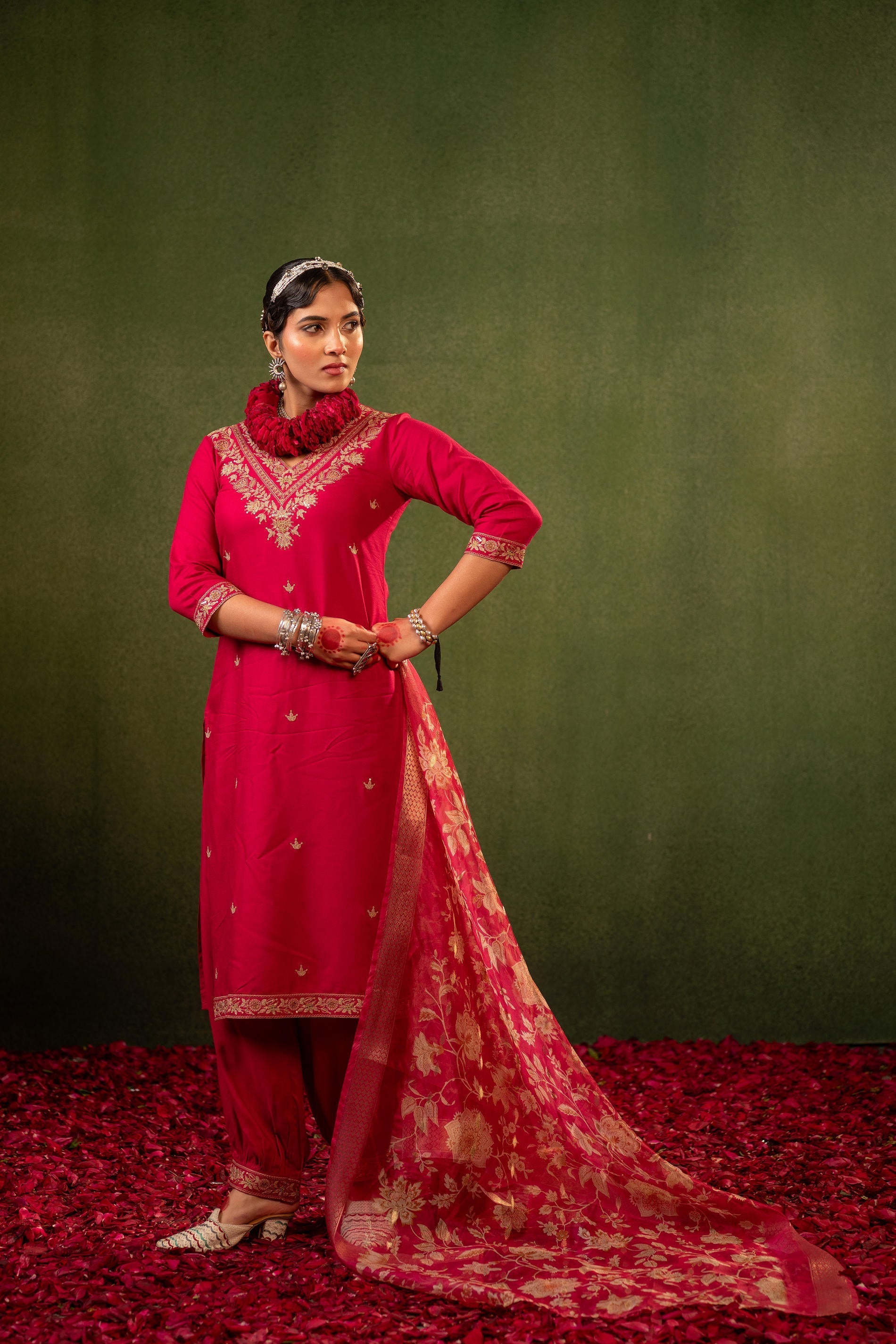 Juniper Laal Gulnaar Heritage Embroidered Kurta Set