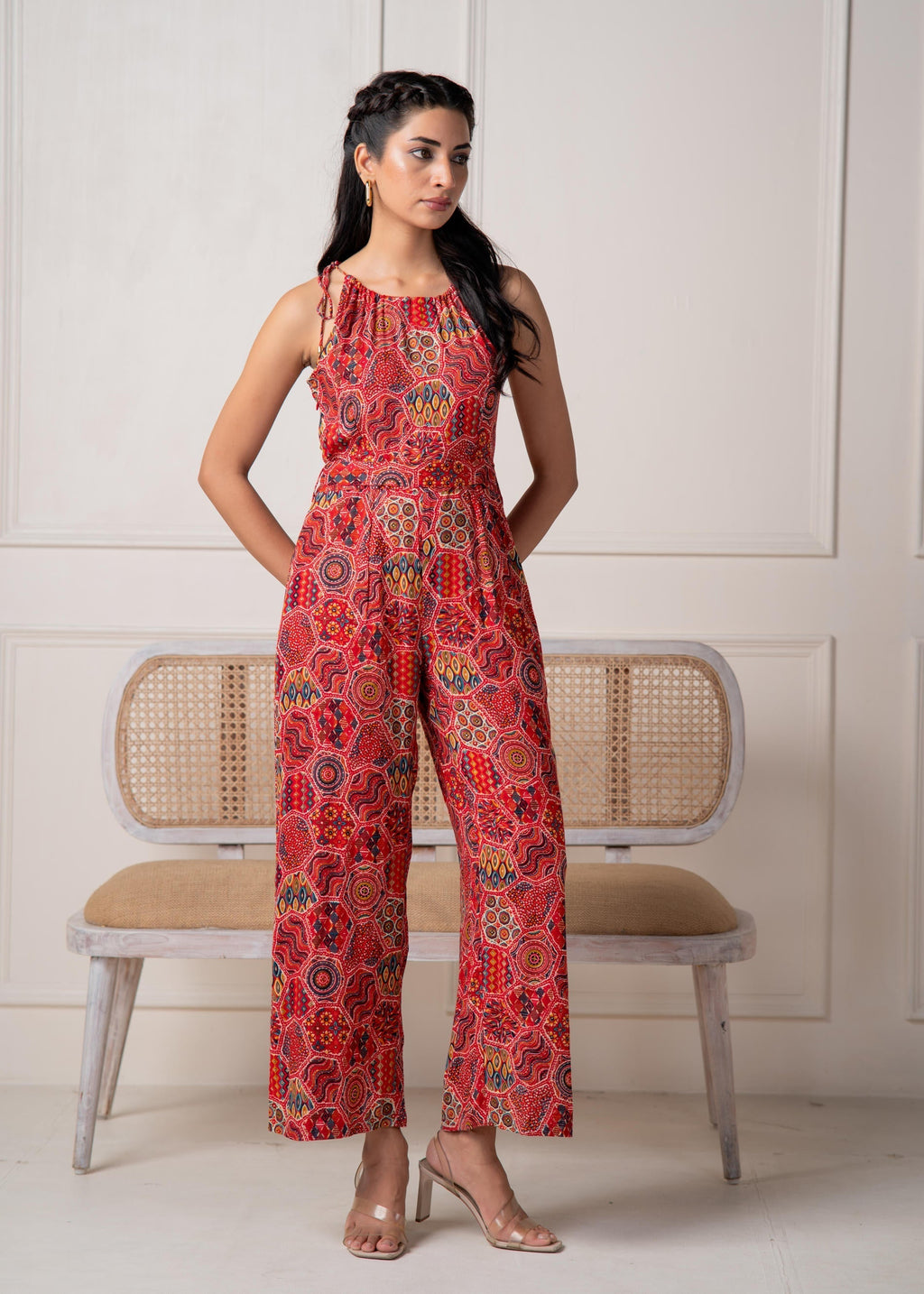 Juniper Rust Multi-Motif Bohemian Printed Sleeveless Jumpsuit