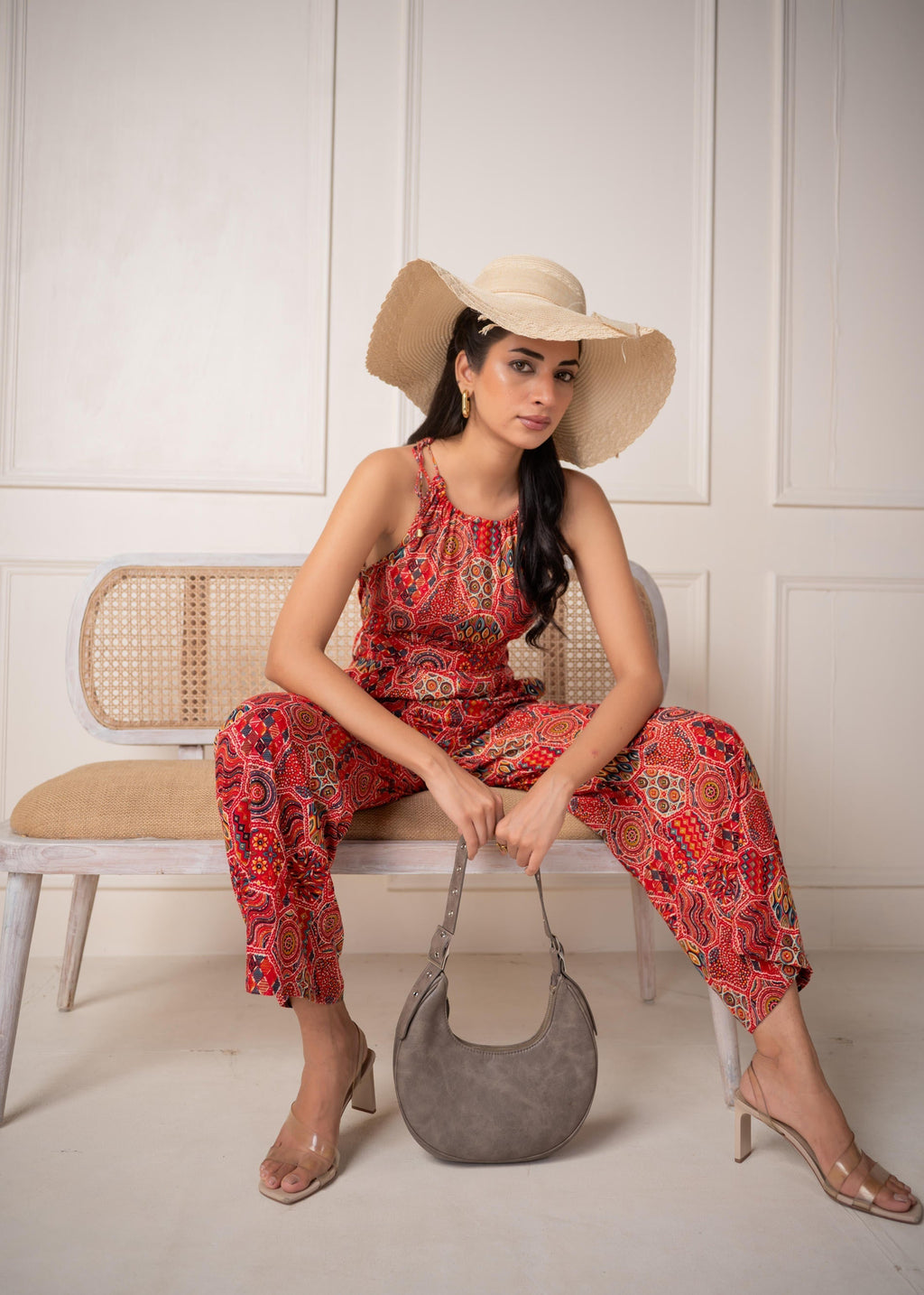 Juniper Rust Multi-Motif Bohemian Printed Sleeveless Jumpsuit