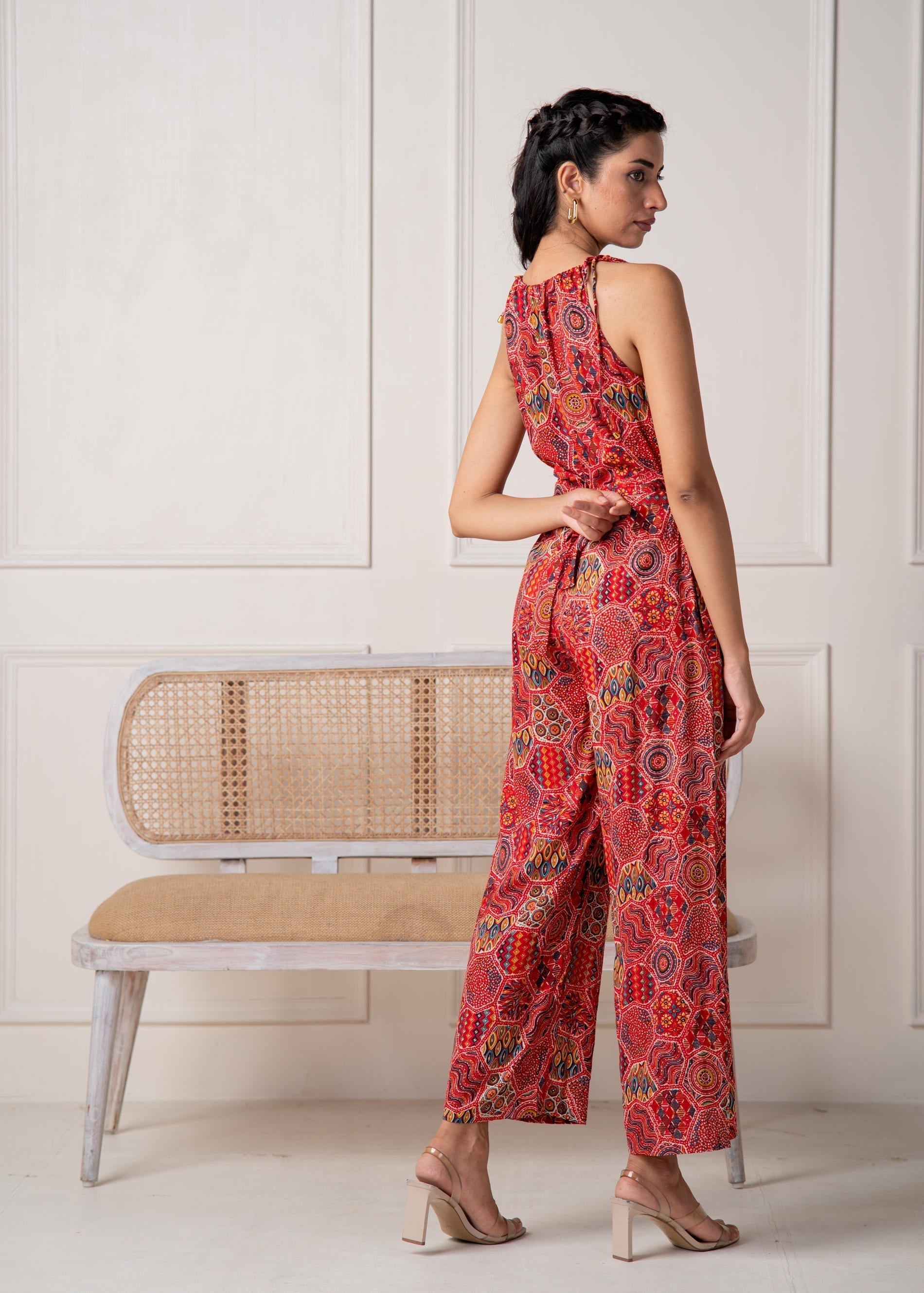 Juniper Rust Multi-Motif Bohemian Printed Sleeveless Jumpsuit