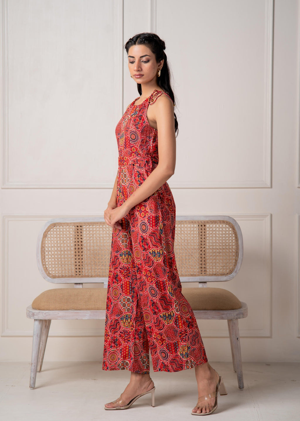 Juniper Rust Multi-Motif Bohemian Printed Sleeveless Jumpsuit
