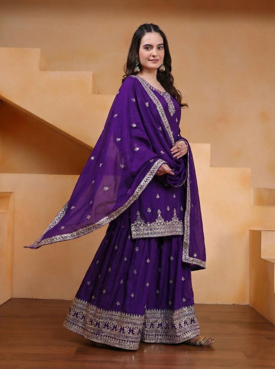 Teeya Creation Purple Color Chinon Silk Wedding Wear Trending Palazzo Set
