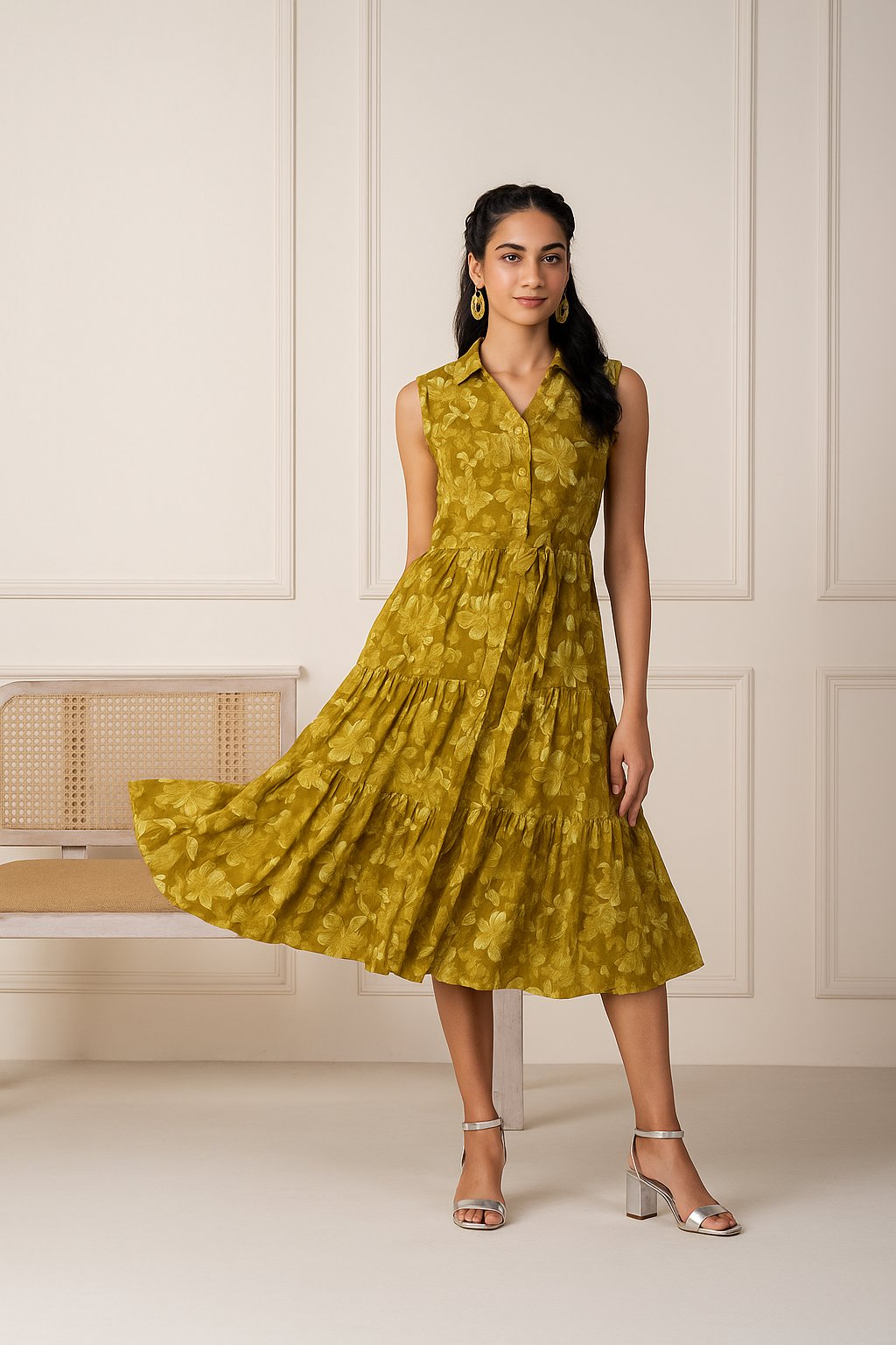 Juniper Coral Olivegreen Sleeveless Floral Tiered Dress
