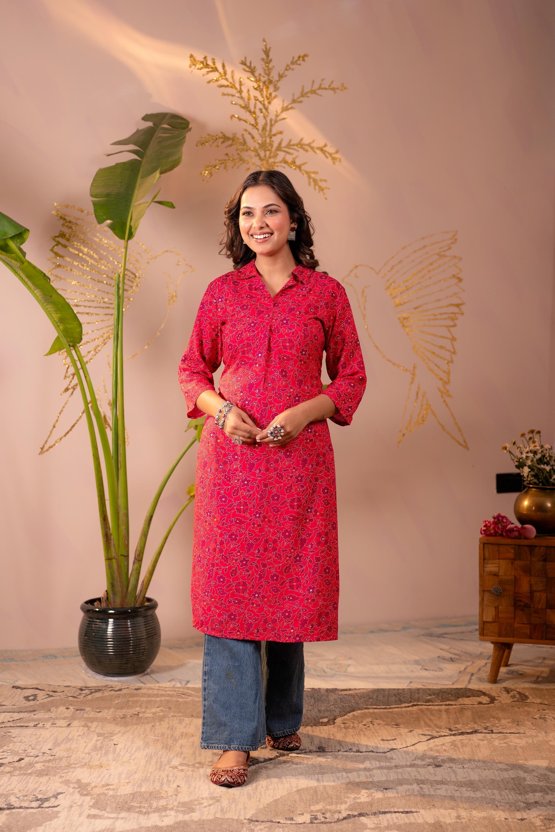 Juniper Fuchsia Floral Printed Straight Kurta