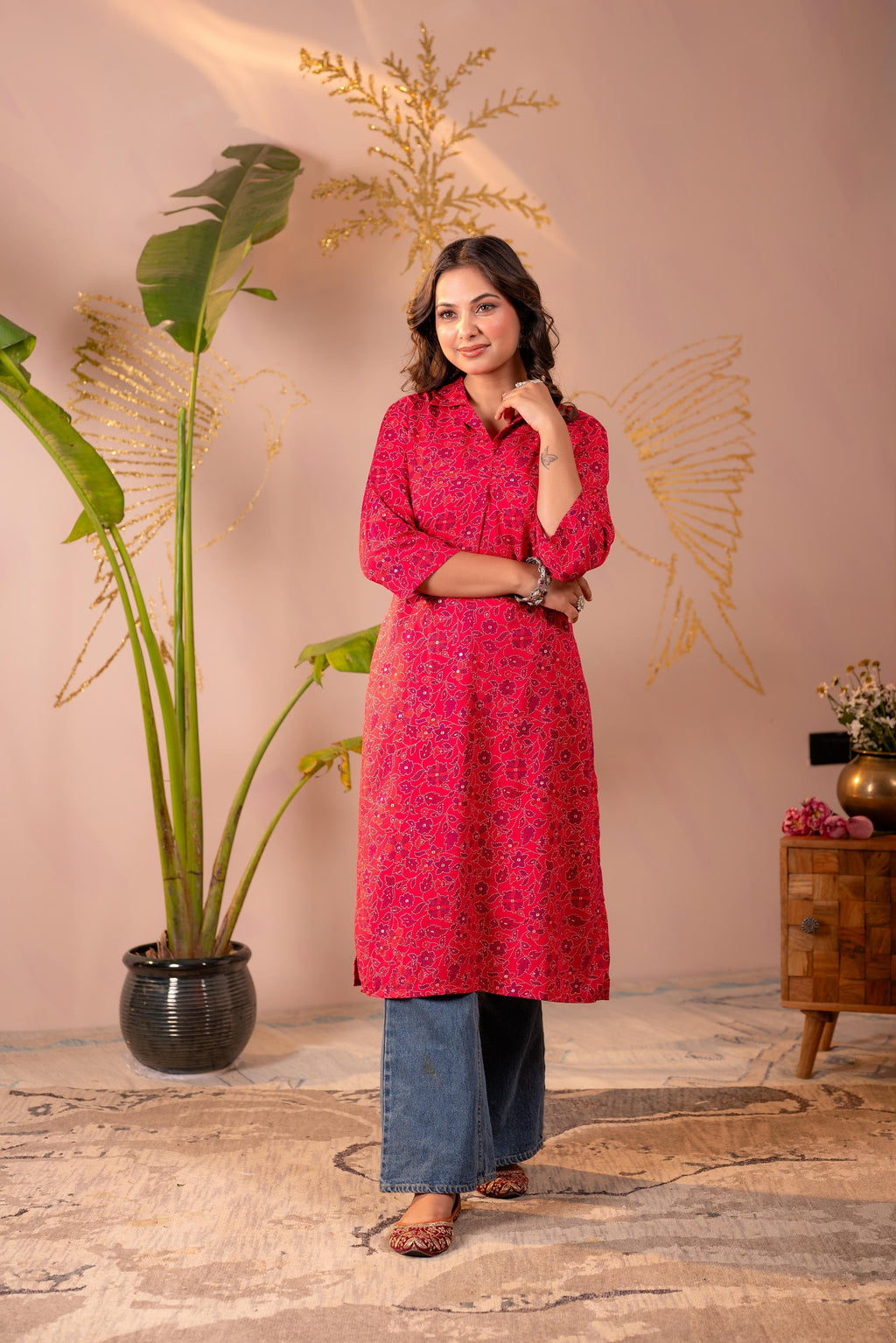 Juniper Fuchsia Floral Printed Straight Kurta