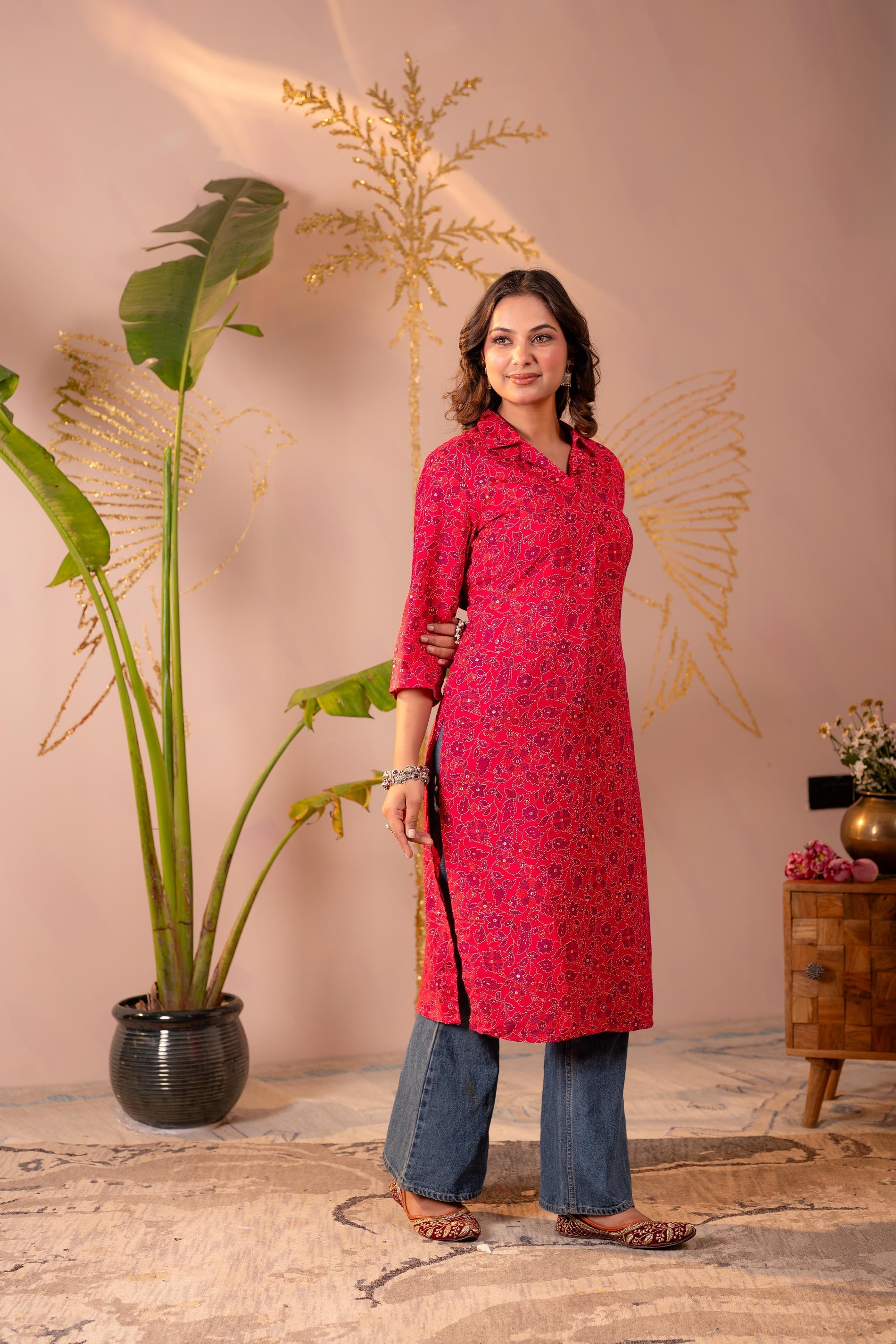 Juniper Fuchsia Floral Printed Straight Kurta