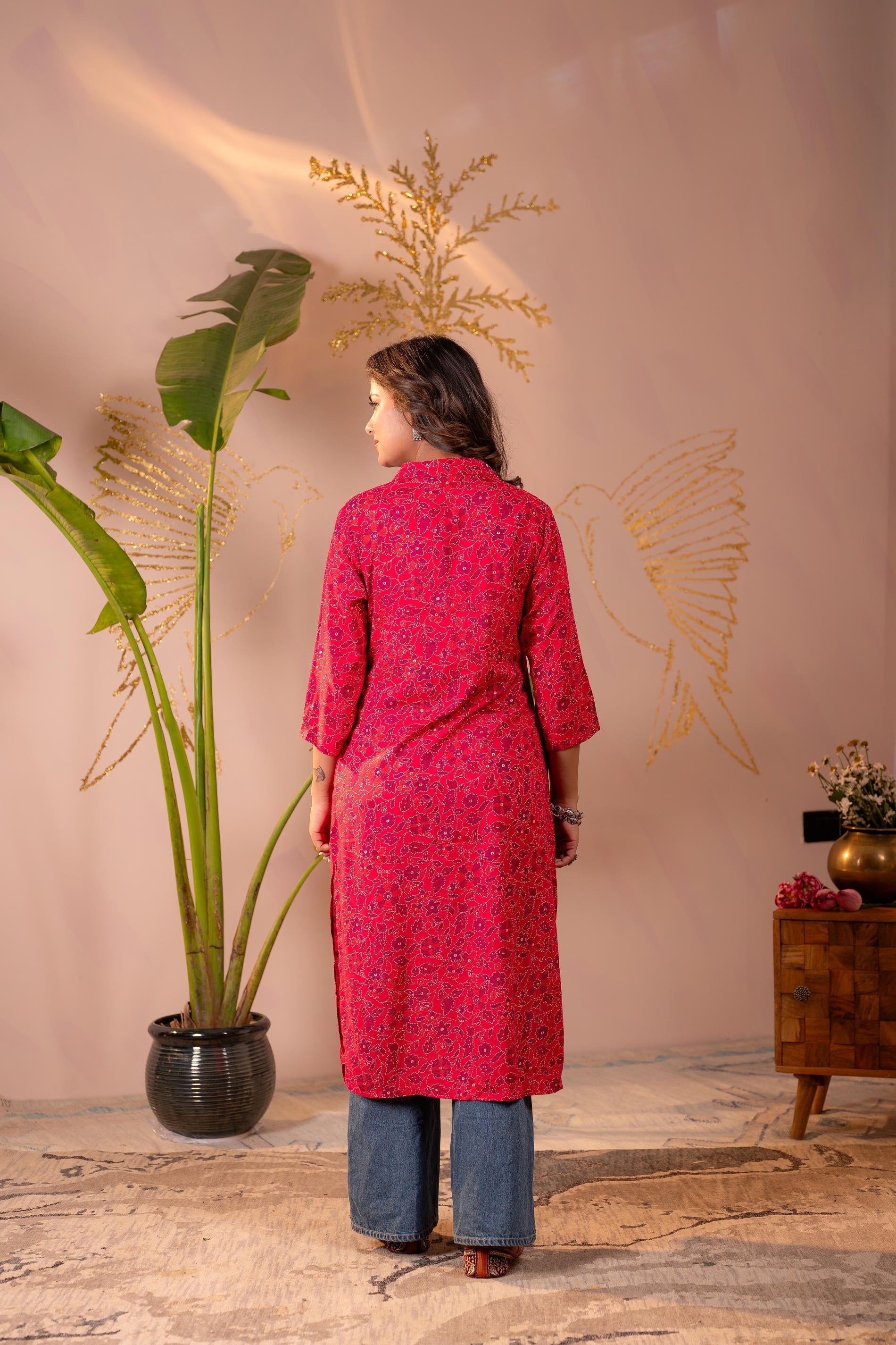 Juniper Fuchsia Floral Printed Straight Kurta