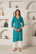 Juniper Teal Printed Collar-Neck Straight Kurta With Minimal Detailing