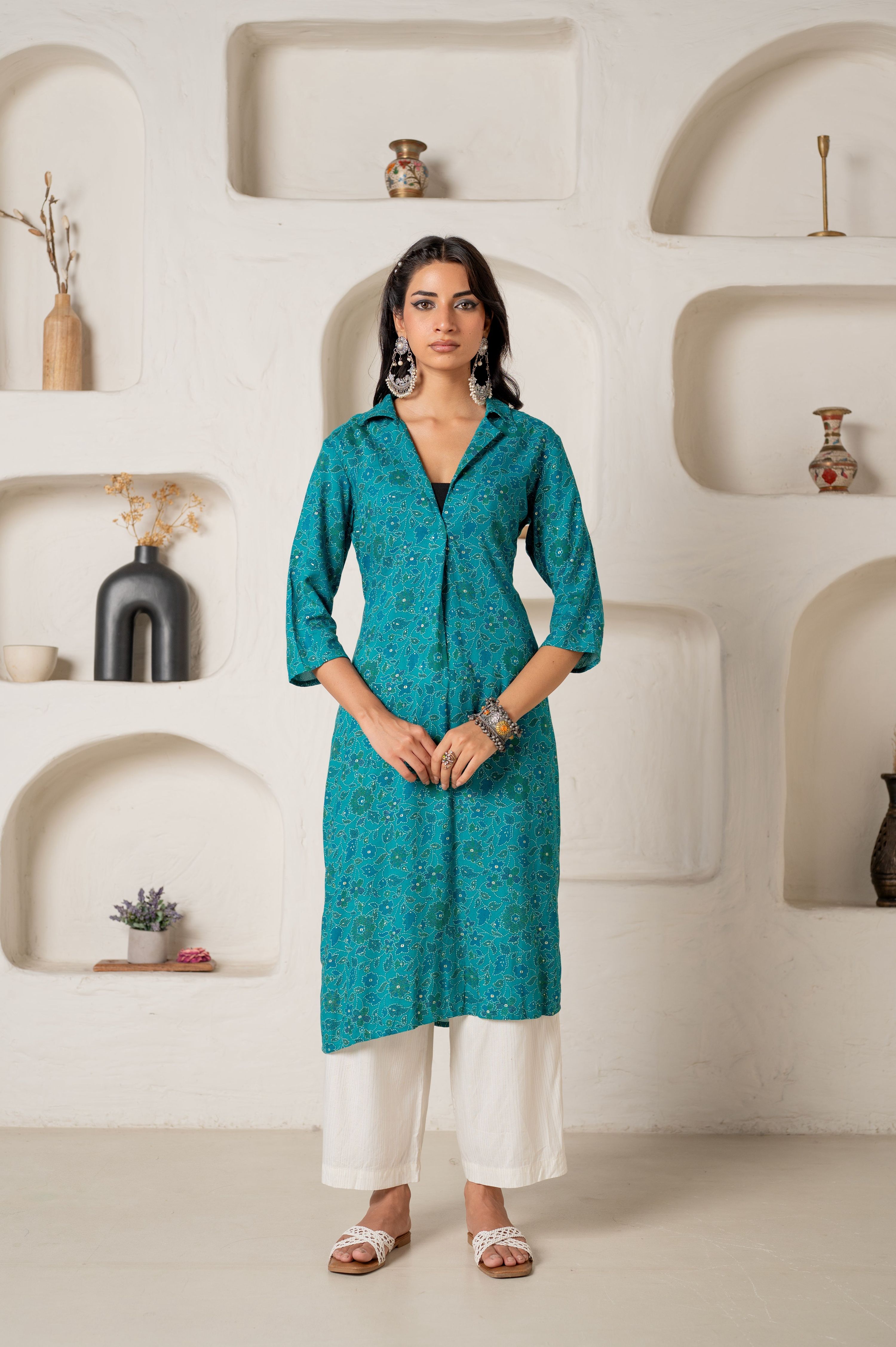 Juniper Teal Printed Collar-Neck Straight Kurta With Minimal Detailing