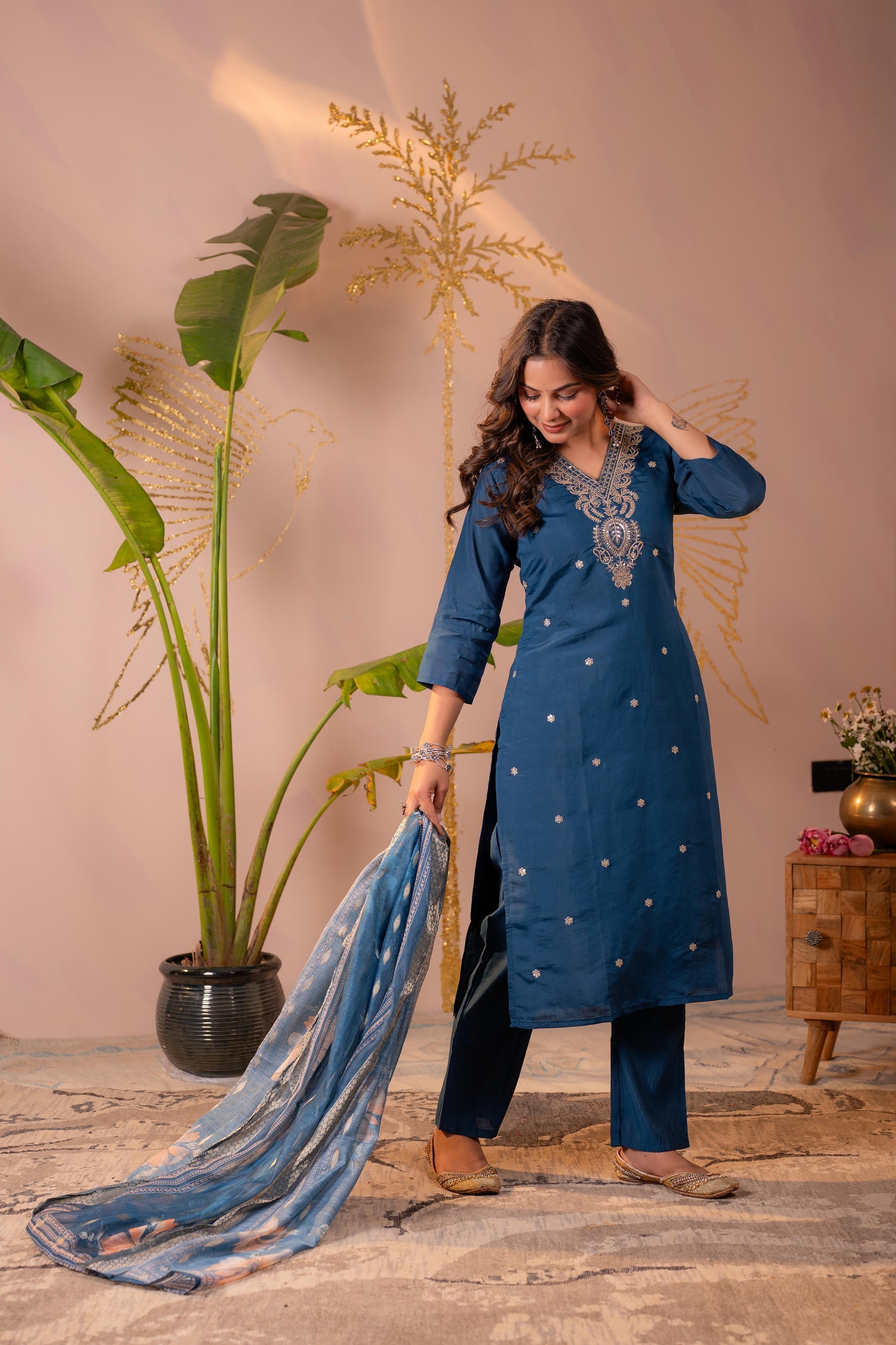 Juniper Teal Embroidered Suit Set With Printed Floral Dupatta