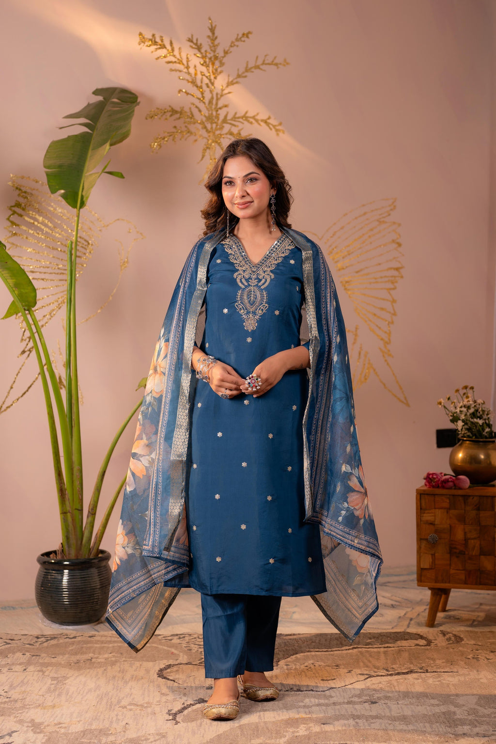 Juniper Teal Embroidered Suit Set With Printed Floral Dupatta