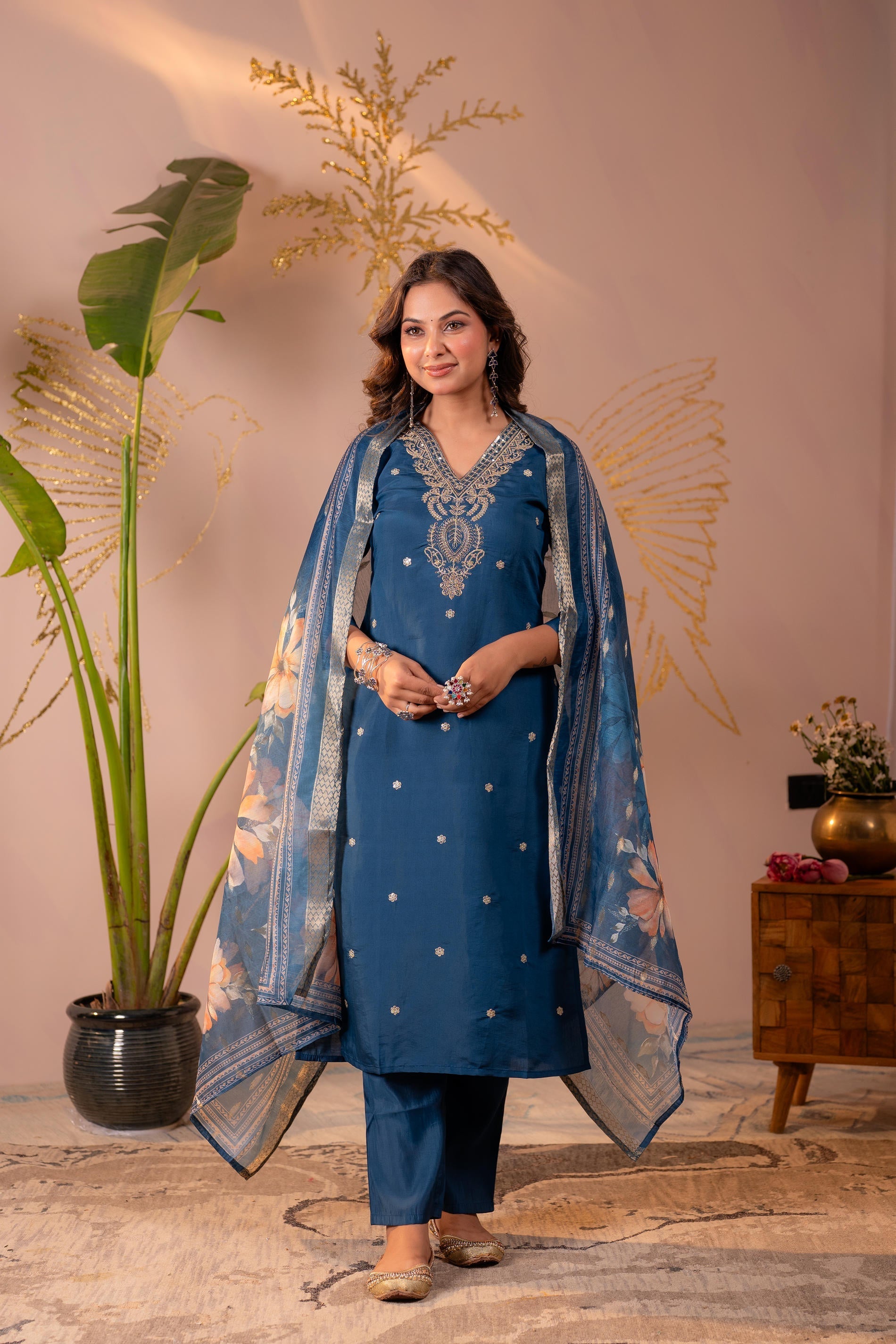 Juniper Teal Embroidered Suit Set With Printed Floral Dupatta