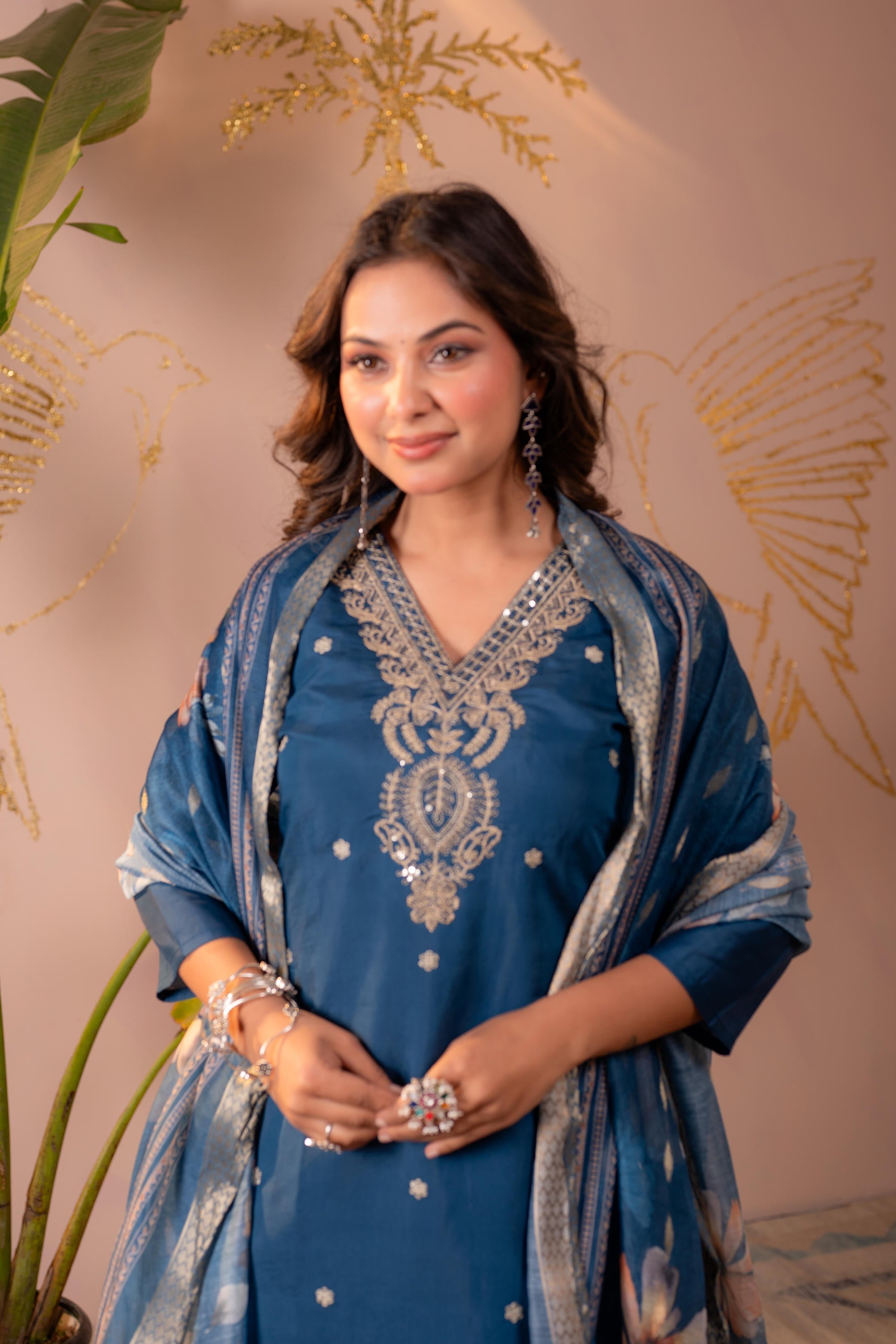 Juniper Teal Embroidered Suit Set With Printed Floral Dupatta