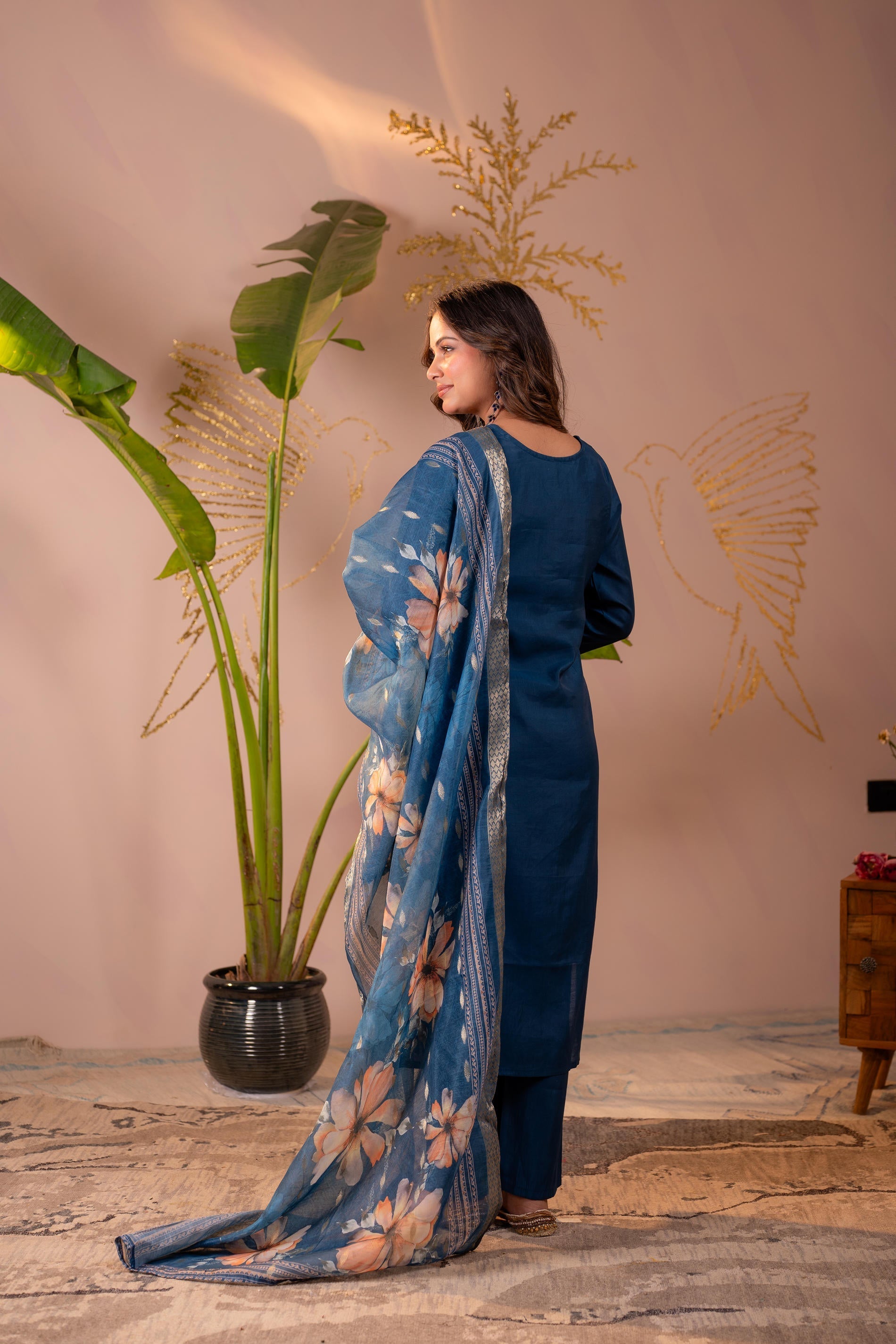 Juniper Teal Embroidered Suit Set With Printed Floral Dupatta