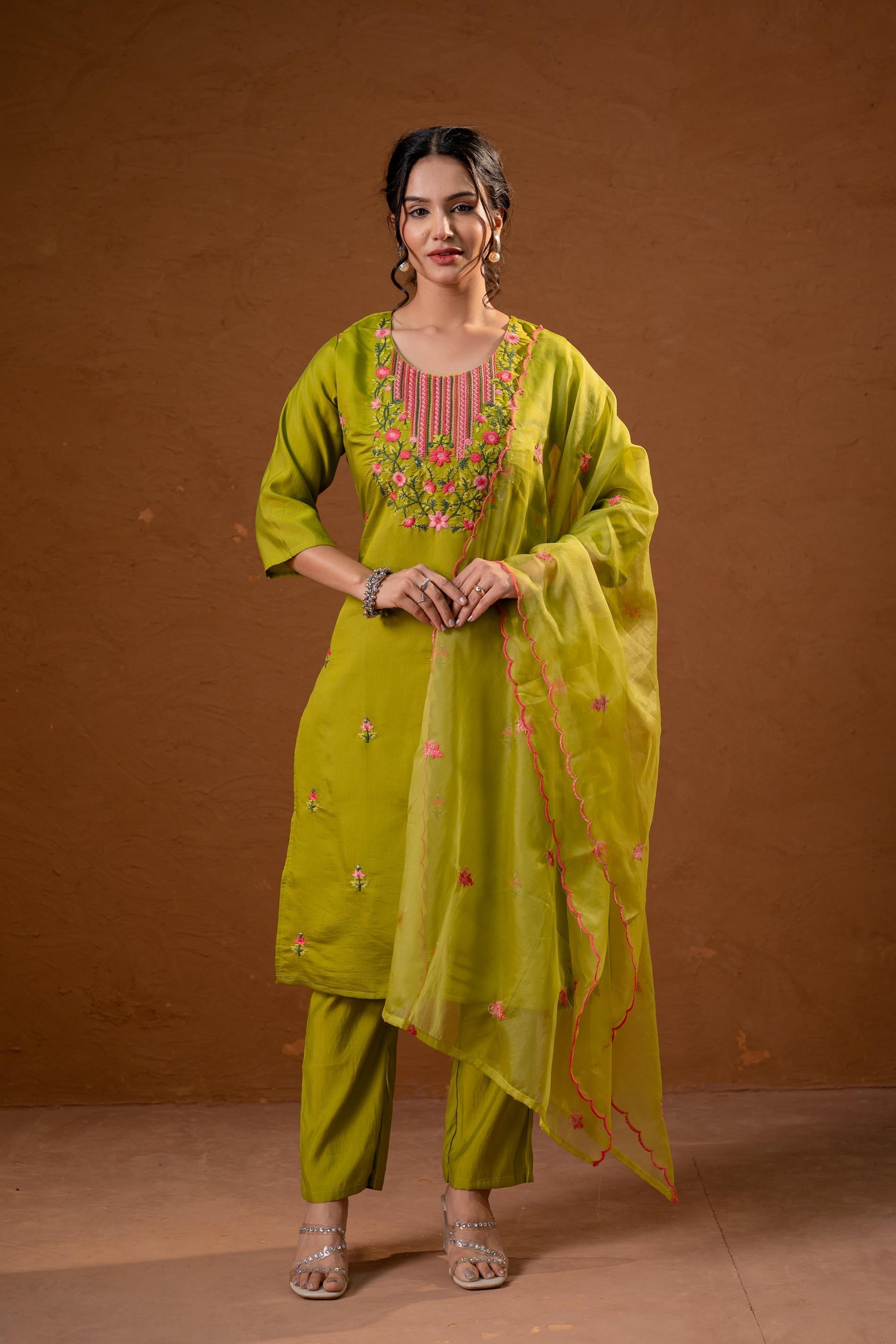 Juniper Green Embroidered Straight Kurta Set With Dupatta