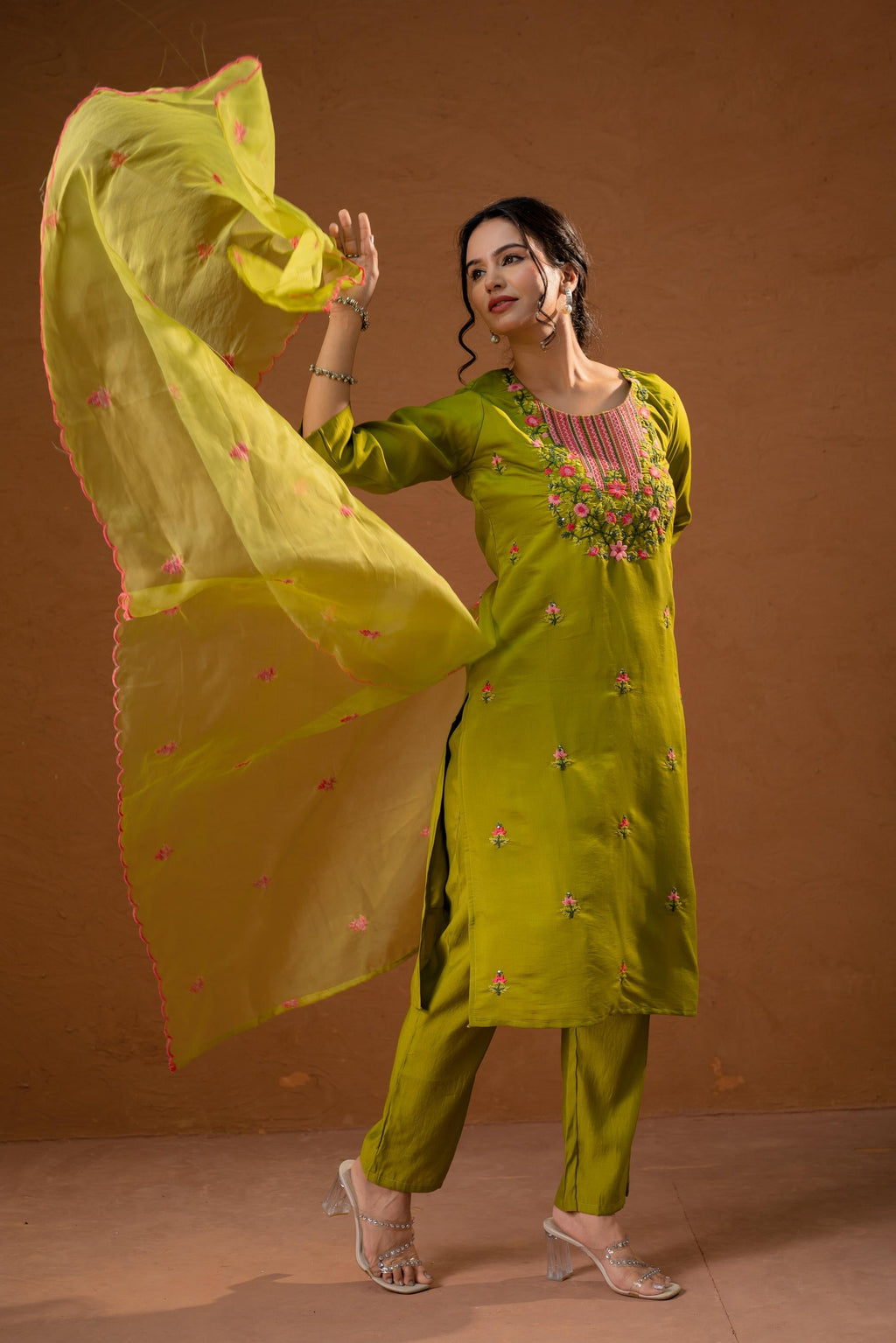 Juniper Green Embroidered Straight Kurta Set With Dupatta