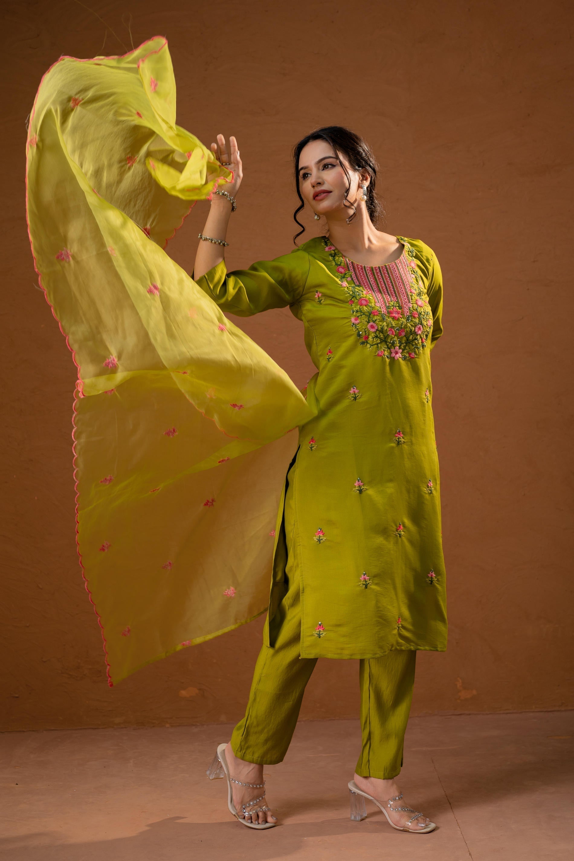 Juniper Green Embroidered Straight Kurta Set With Dupatta