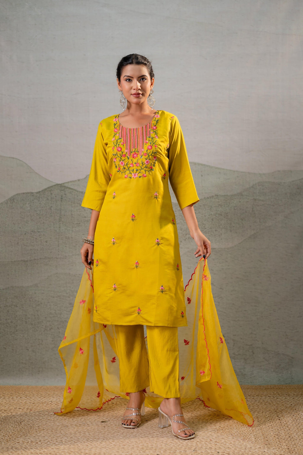 Juniper Mustard Embroidered Straight Kurta Set With Dupatta