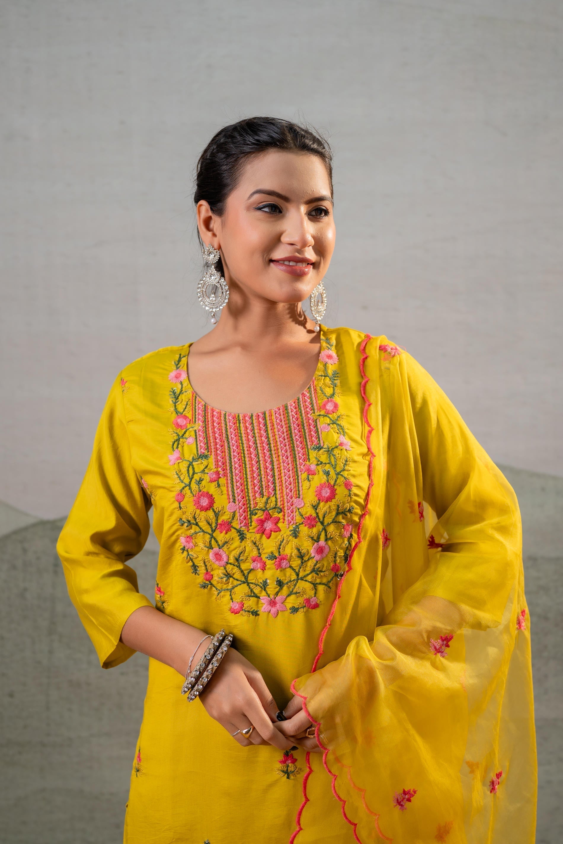 Juniper Mustard Embroidered Straight Kurta Set With Dupatta