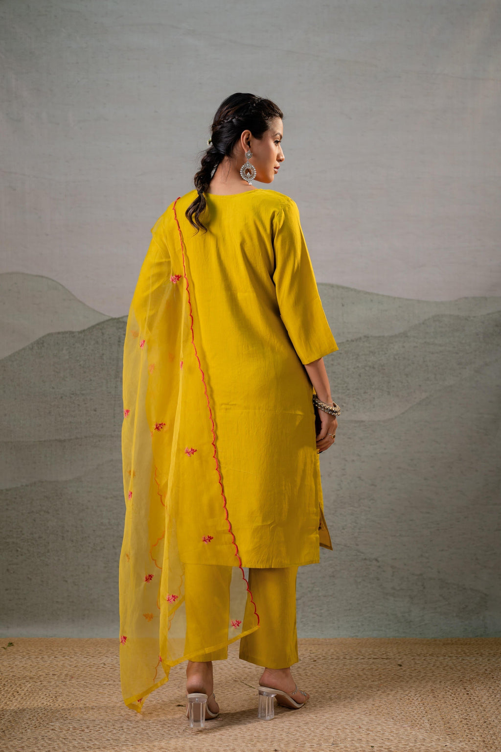 Juniper Mustard Embroidered Straight Kurta Set With Dupatta