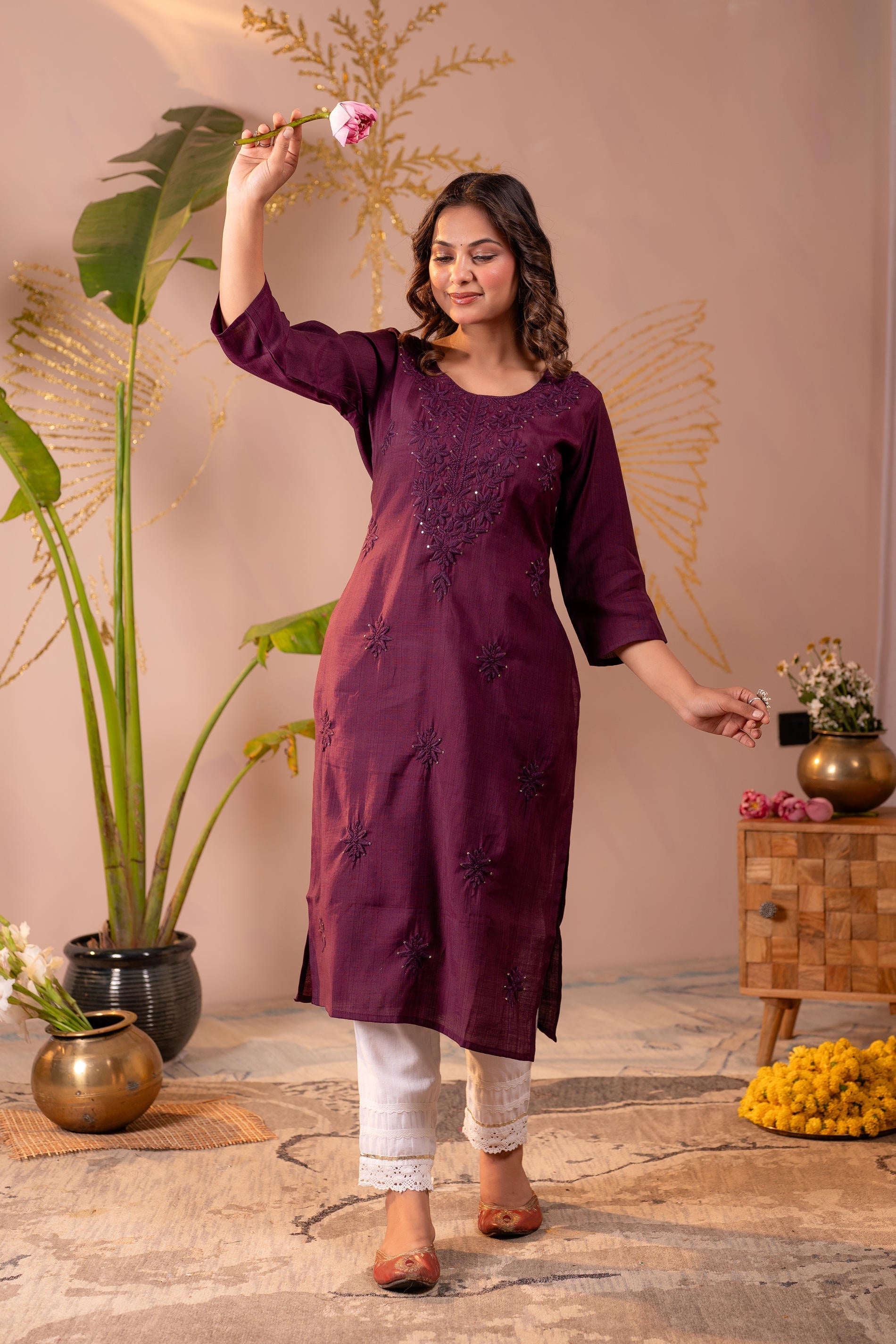 Juniper Wine Tonal Sequin Embellished Straight Kurta Set
