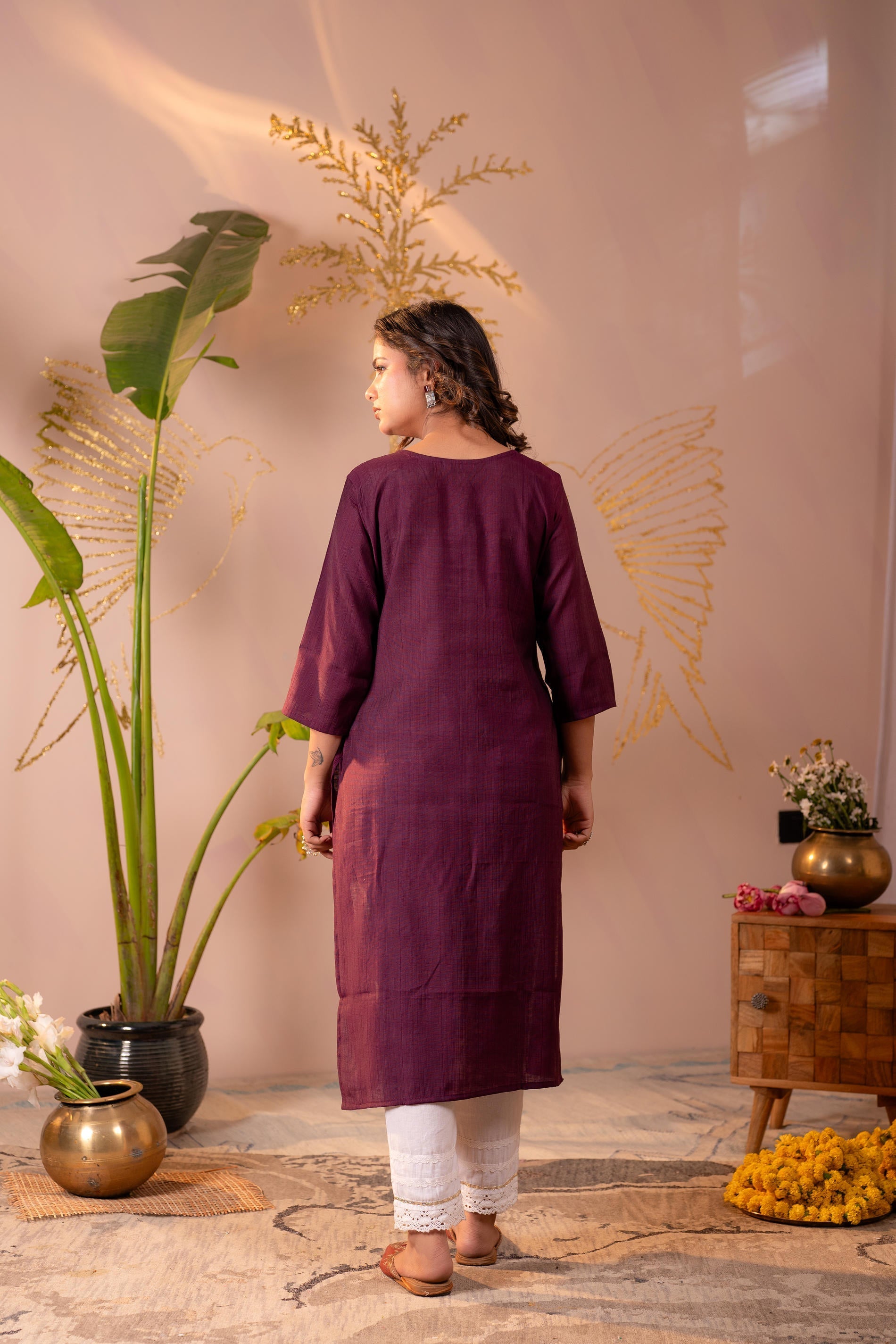 Juniper Wine Tonal Sequin Embellished Straight Kurta Set