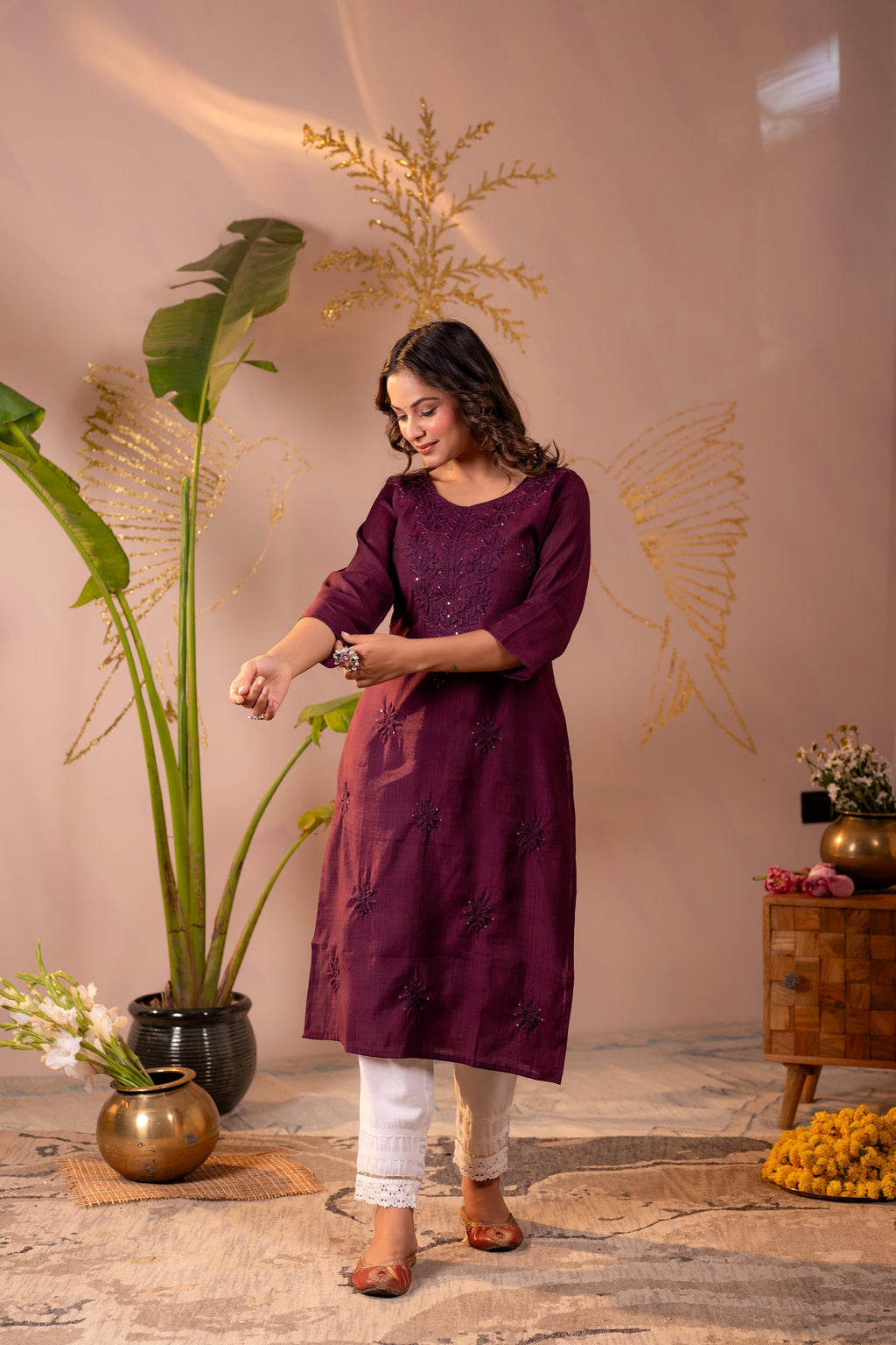 Juniper Wine Tonal Sequin Embellished Straight Kurta Set