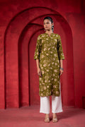 Juniper Olive Green Floral Handblock-Style Straight Kurta