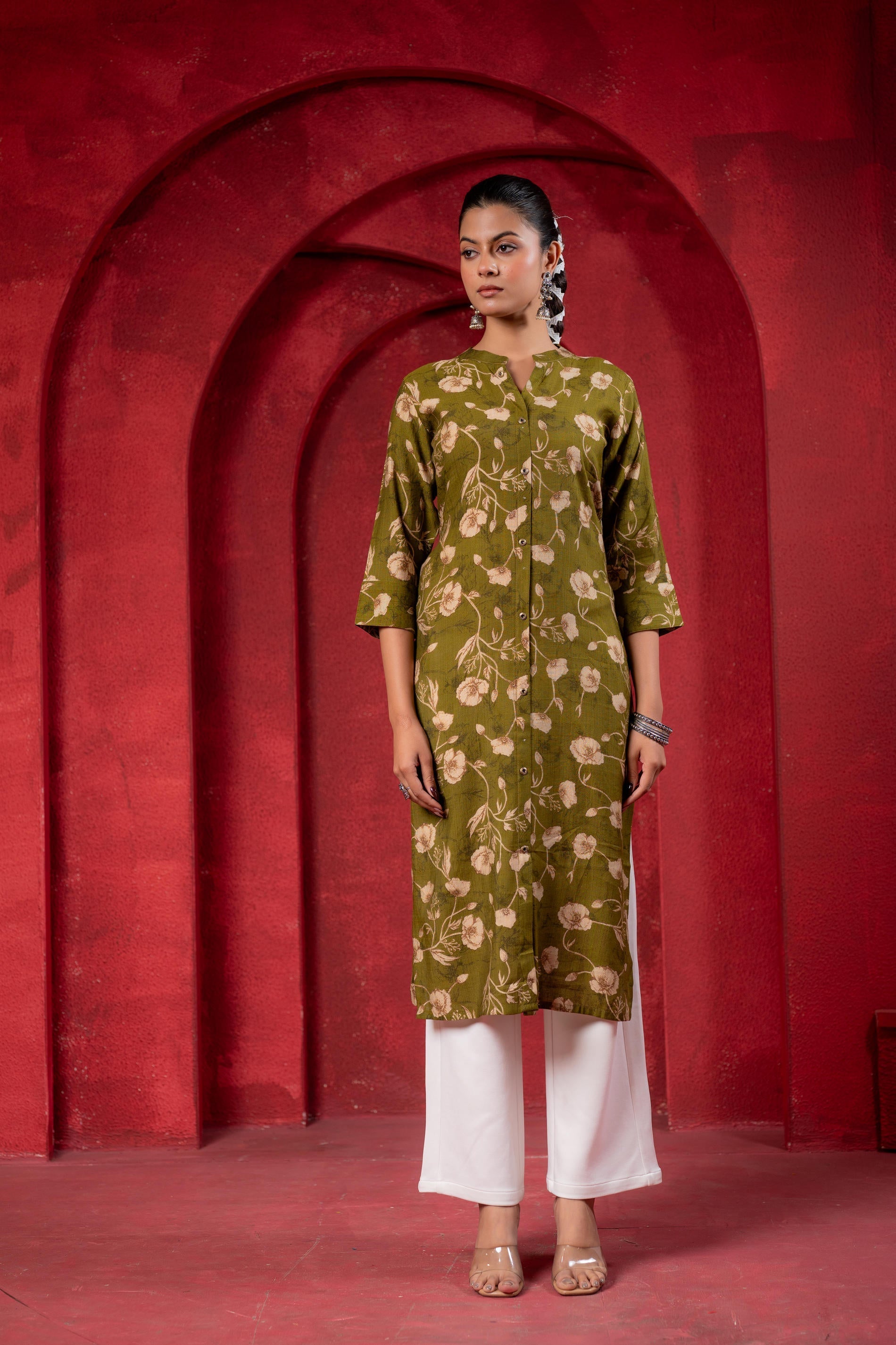 Juniper Olive Green Floral Handblock-Style Straight Kurta