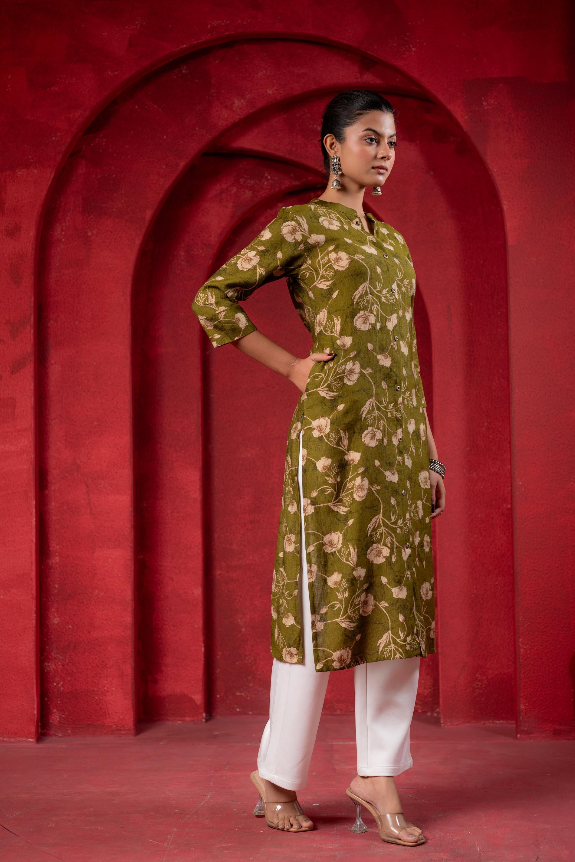 Juniper Olive Green Floral Handblock-Style Straight Kurta