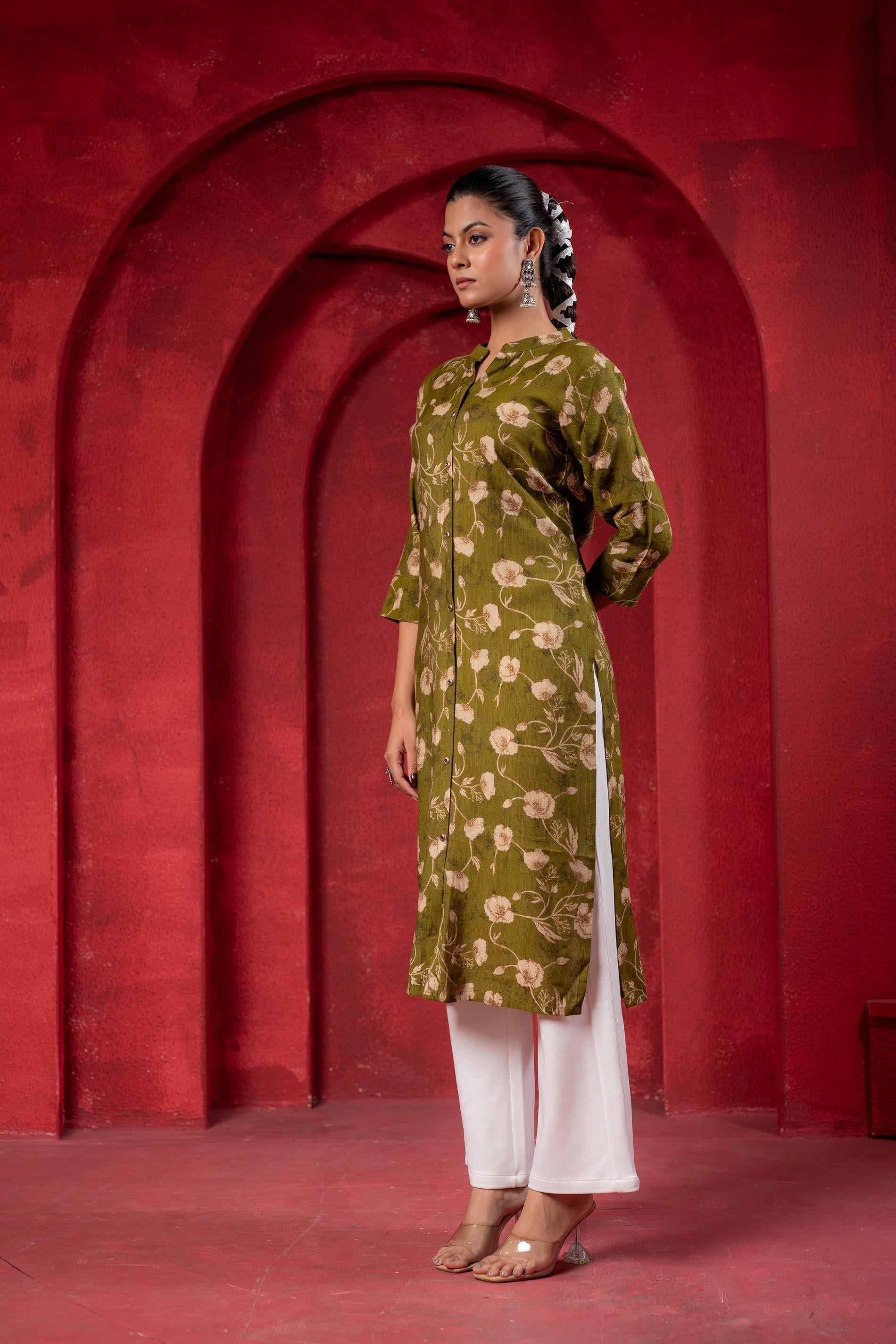 Juniper Olive Green Floral Handblock-Style Straight Kurta