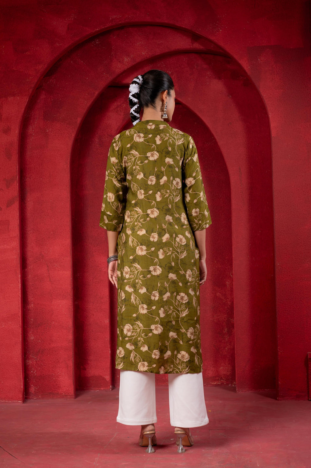 Juniper Olive Green Floral Handblock-Style Straight Kurta