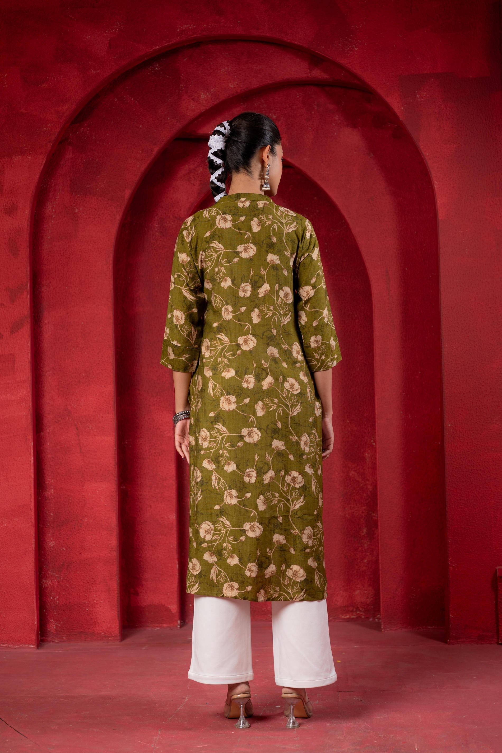 Juniper Olive Green Floral Handblock-Style Straight Kurta