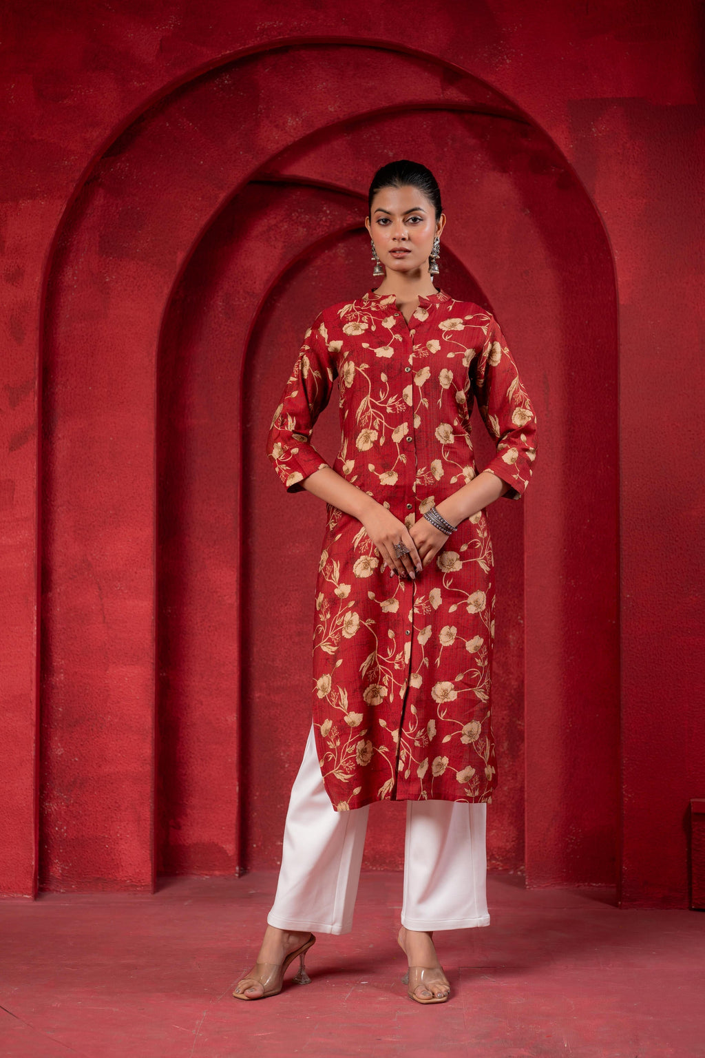 Juniper Maroon Floral Handblock-Style Straight Kurta