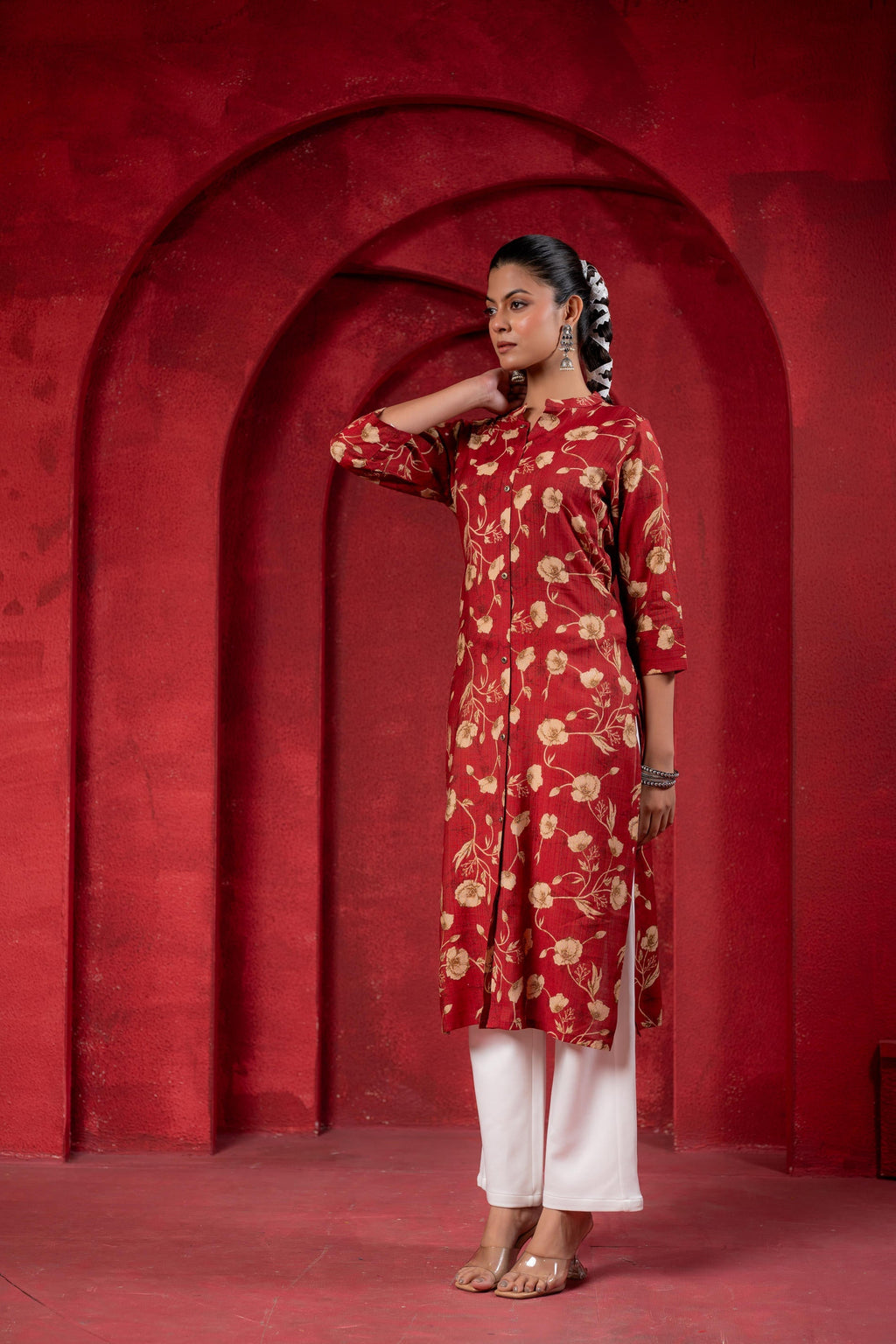 Juniper Maroon Floral Handblock-Style Straight Kurta