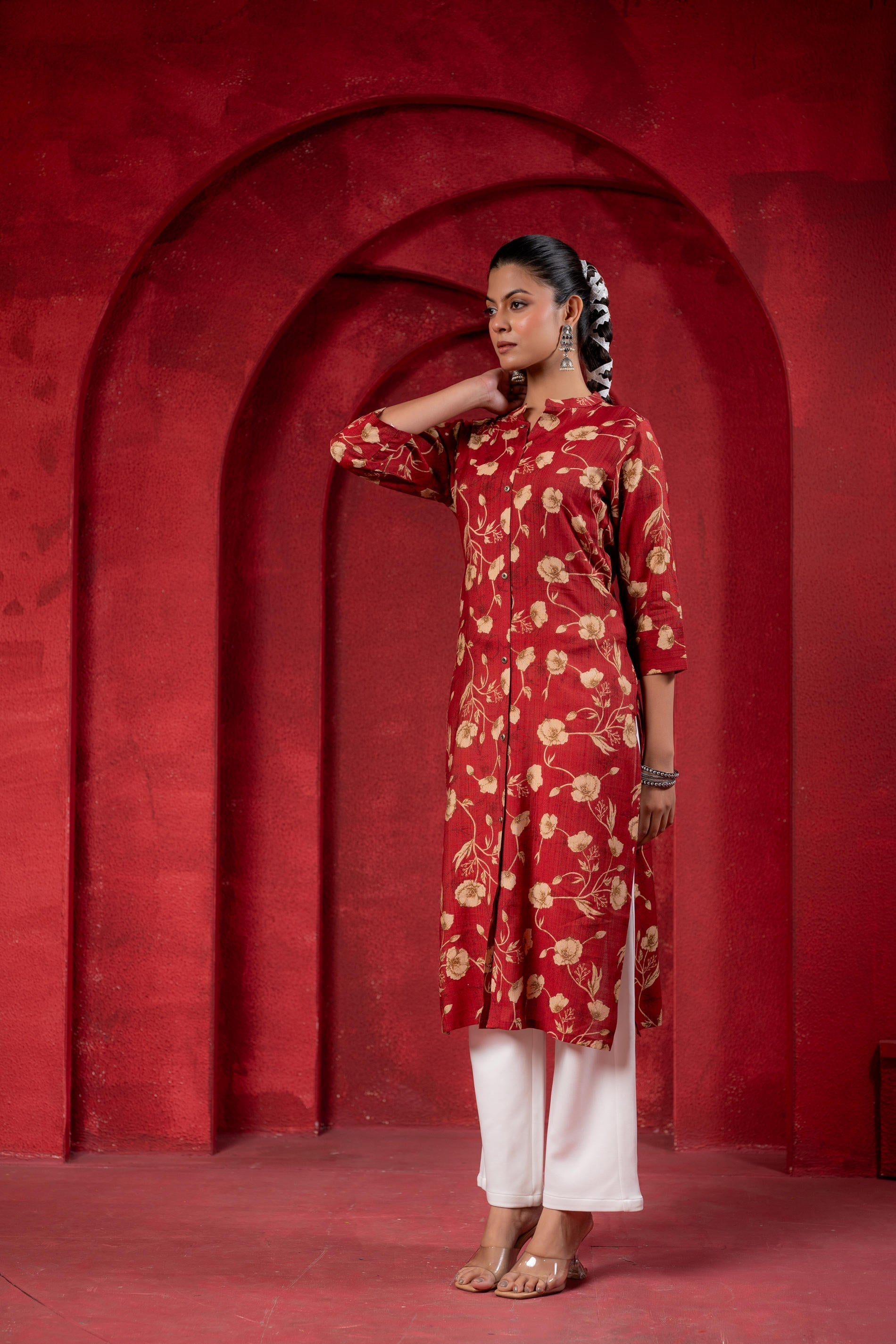 Juniper Maroon Floral Handblock-Style Straight Kurta