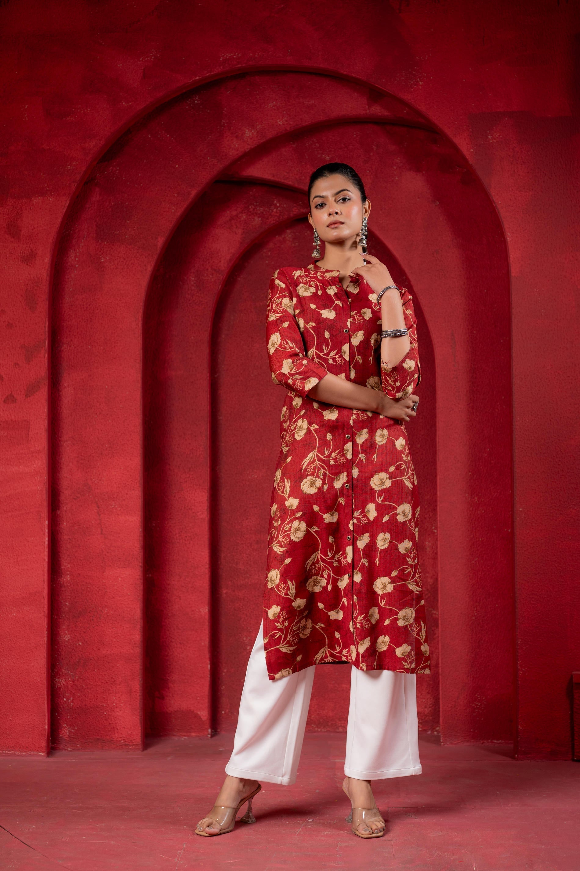 Juniper Maroon Floral Handblock-Style Straight Kurta